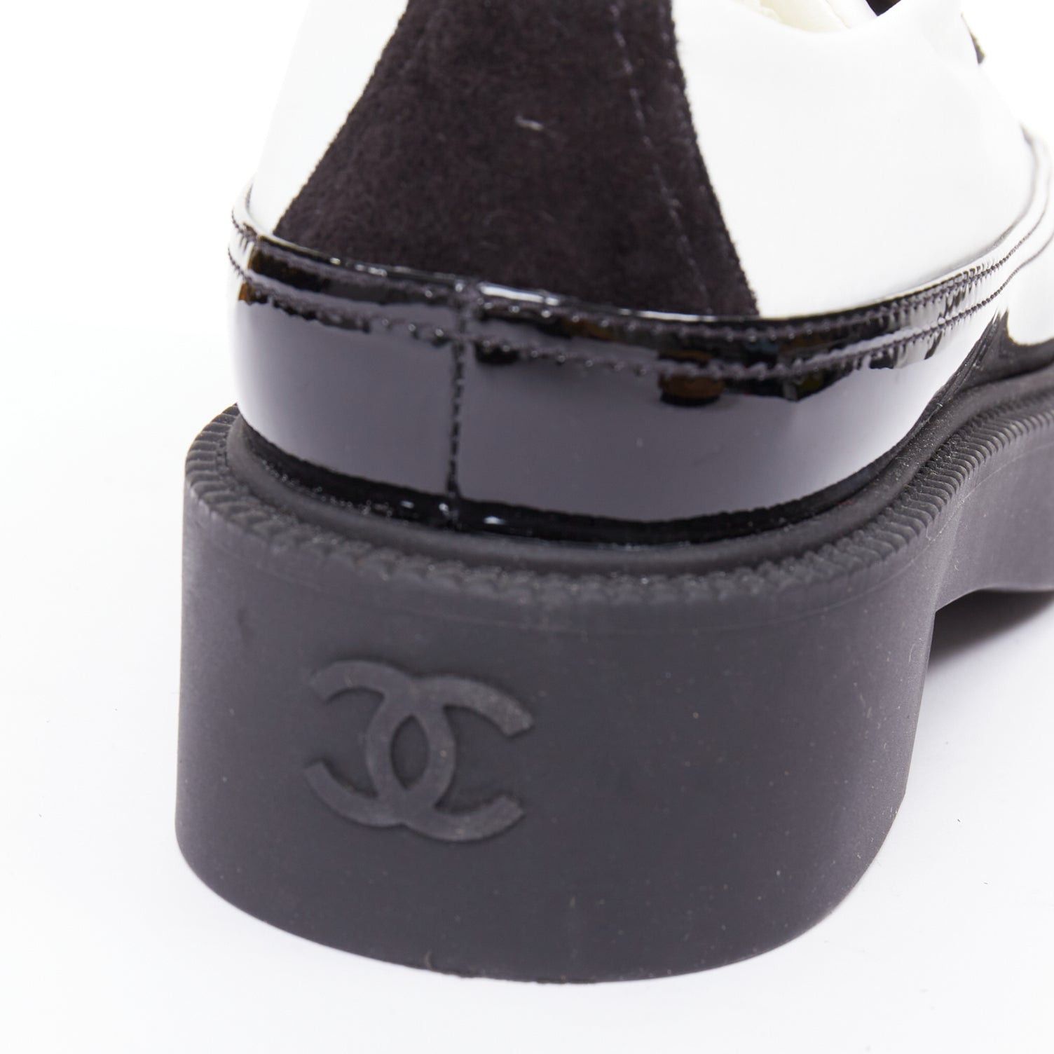 Chanel CHANEL 21B black white nylon patent leather trim CC brogue creepers EU38 Size US 8 / IT 38 - 8 Thumbnail
