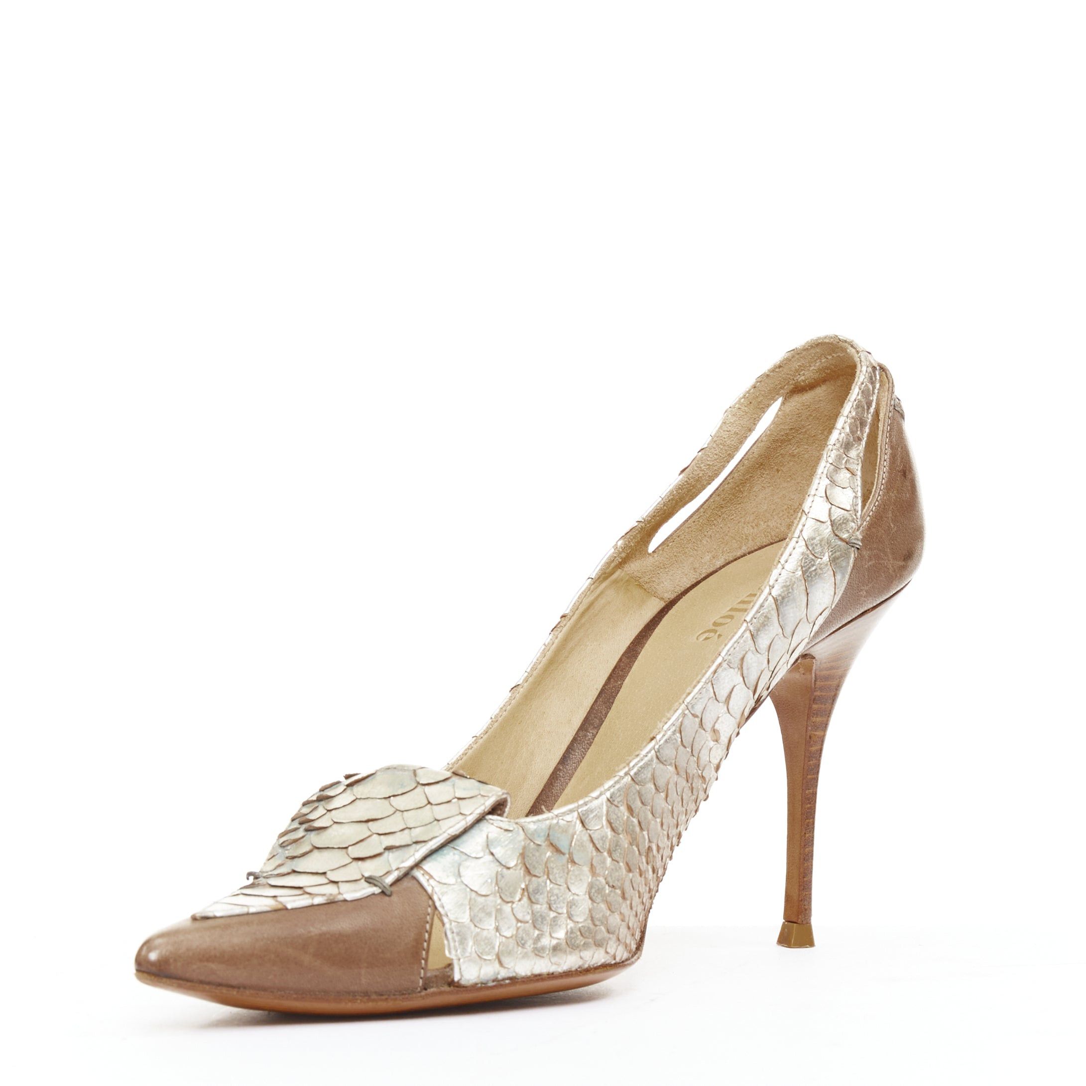 Chloe CHLOE Vintage silver metallic scaled leather brown trim pointy pumps EU37.5 Size US 7.5 / IT 37.5 - 4 Thumbnail
