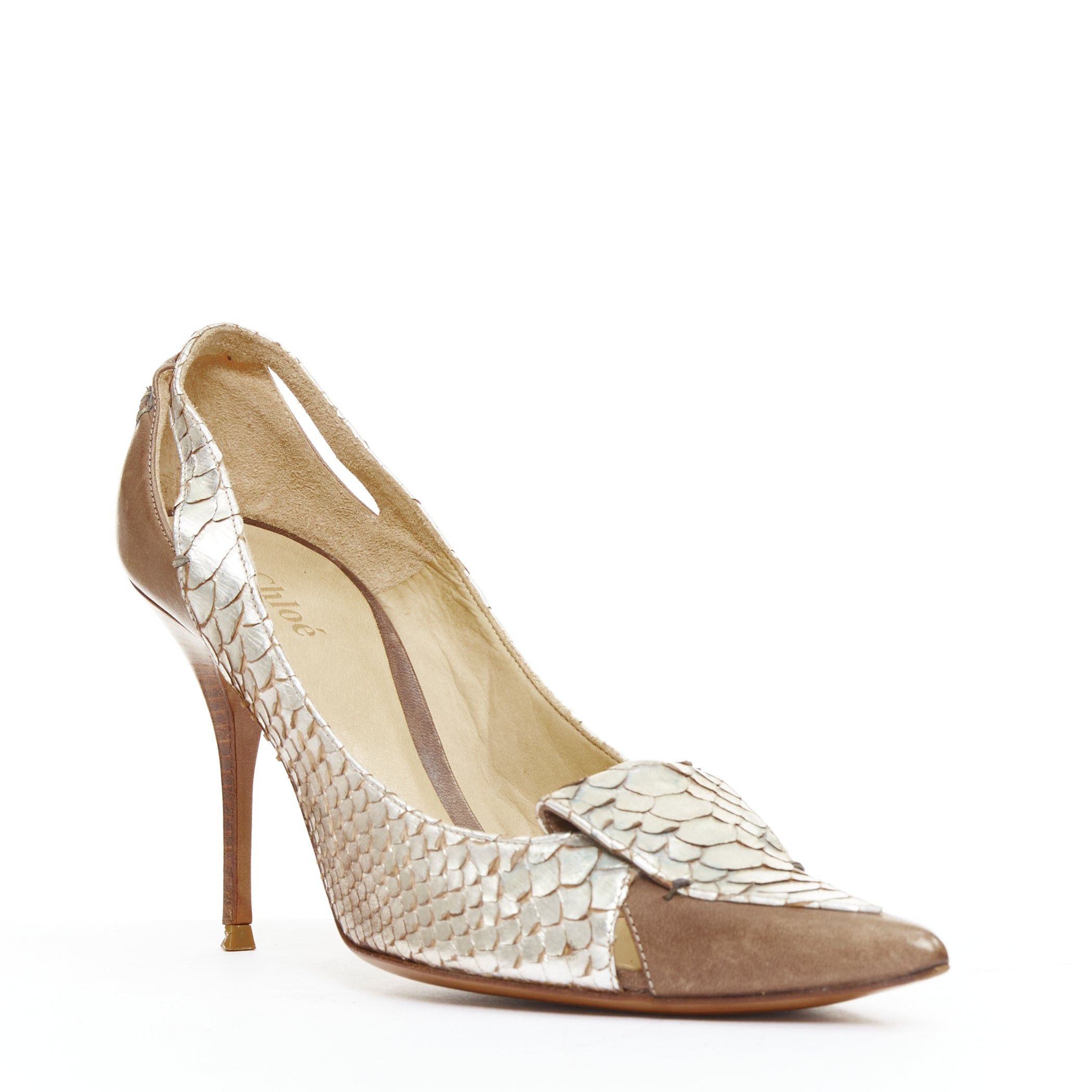 Chloe CHLOE Vintage silver metallic scaled leather brown trim pointy pumps EU37.5 Size US 7.5 / IT 37.5 - 2 Thumbnail
