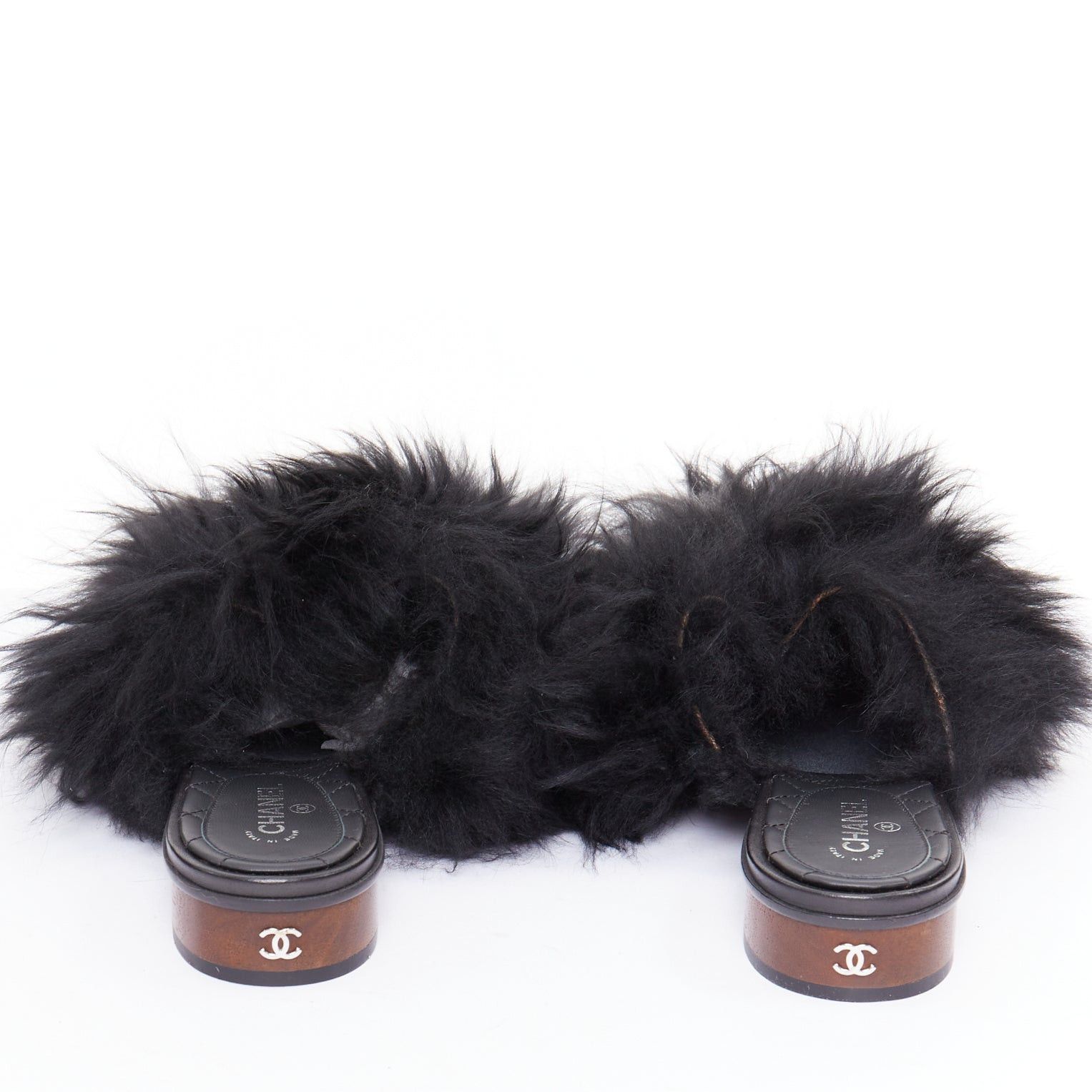 Chanel CHANEL black silver CC logo mongolian lamb fur fluffy slippers EU37.5 Size US 7.5 / IT 37.5 - 2 Thumbnail