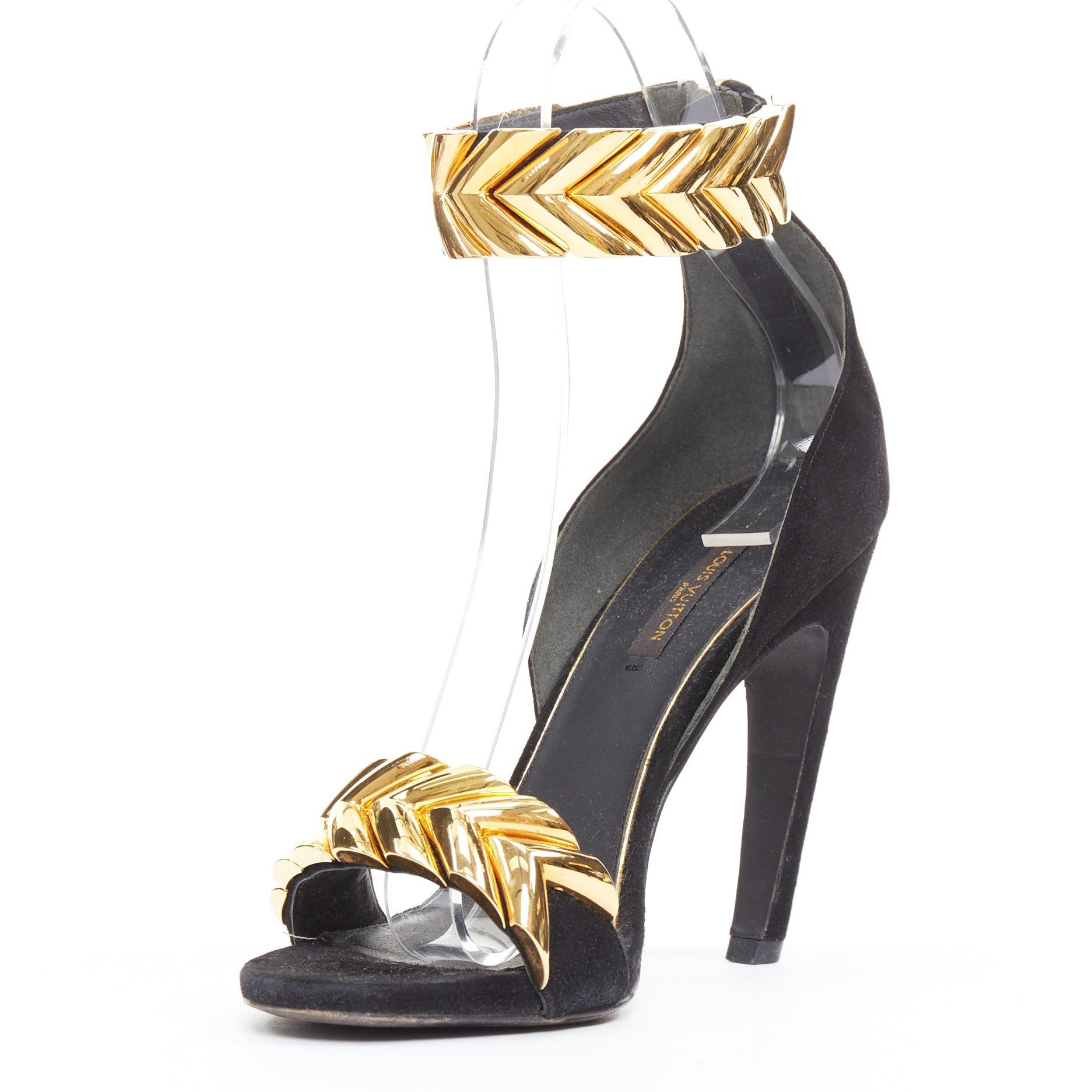Louis Vuitton LOUIS VUITTON V Symphony black suede gold hardware high heel sandals EU38 Size US 8 / IT 38 - 4 Thumbnail