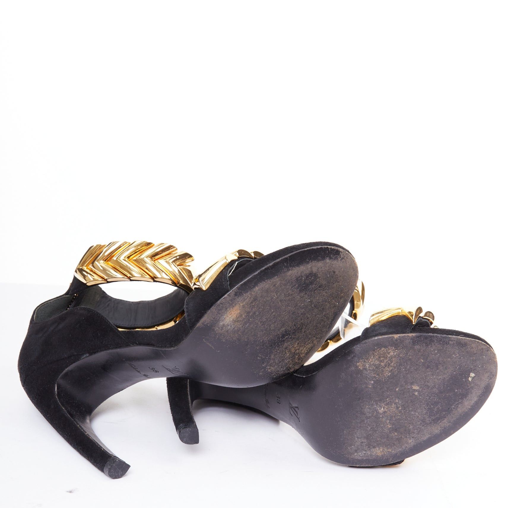 Louis Vuitton LOUIS VUITTON V Symphony black suede gold hardware high heel sandals EU38 Size US 8 / IT 38 - 11 Thumbnail