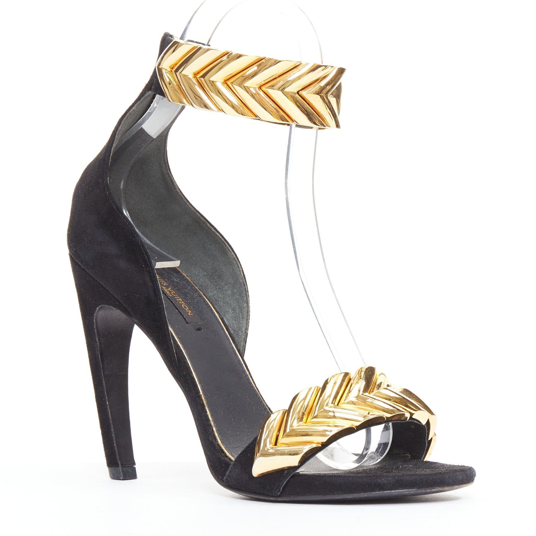 Louis Vuitton LOUIS VUITTON V Symphony black suede gold hardware high heel sandals EU38 Size US 8 / IT 38 - 2 Thumbnail