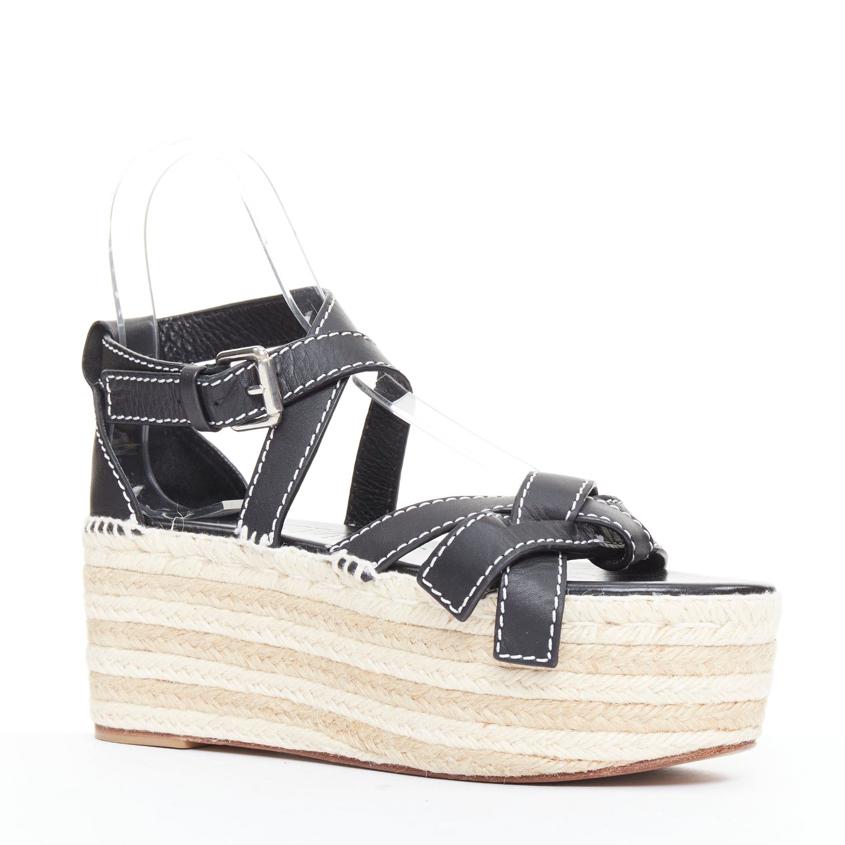 Loewe LOEWE Gate black overstitch calfskin striped espadrille platform wedged sandals EU40 Size US 10 / IT 40 - 2 Thumbnail