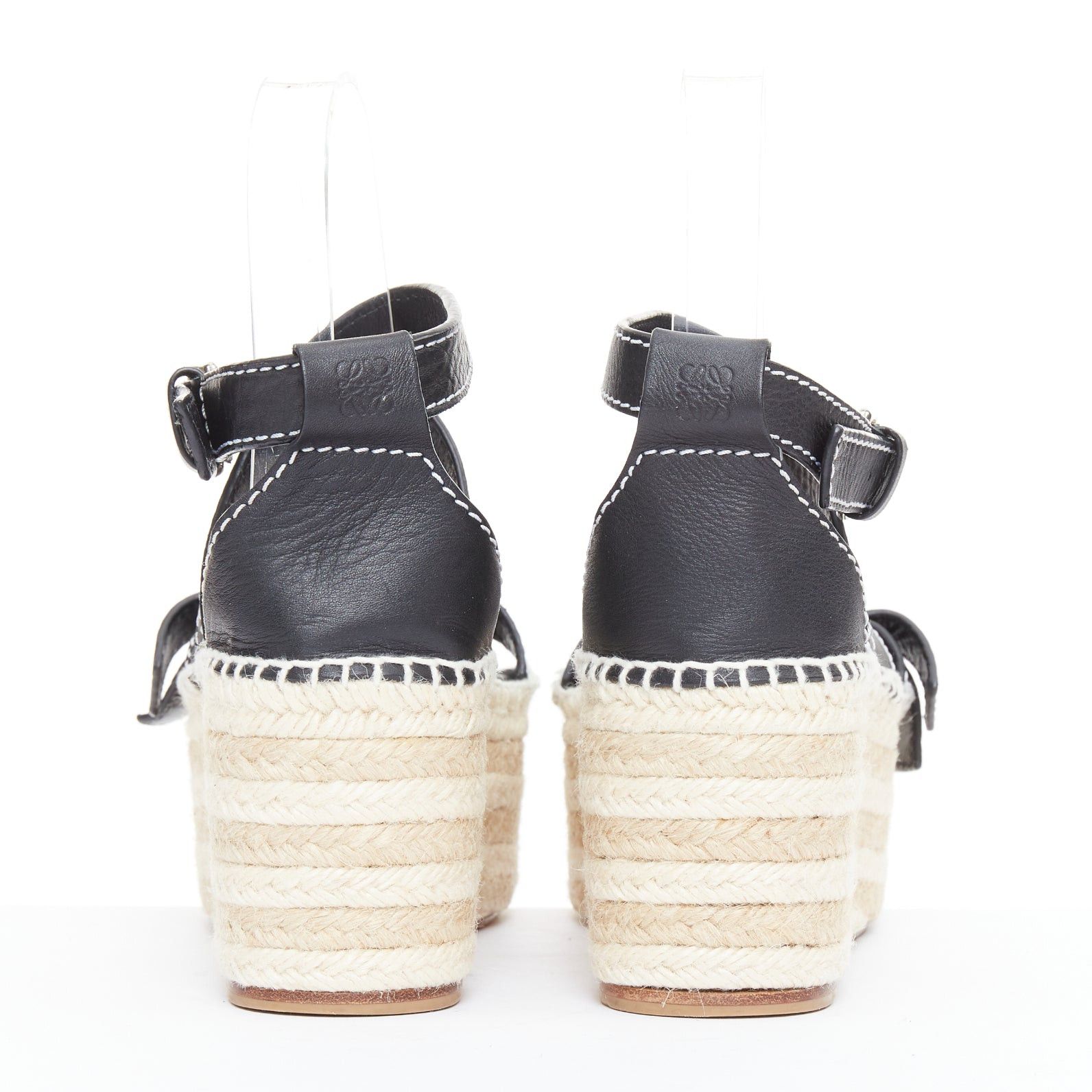 Loewe LOEWE Gate black overstitch calfskin striped espadrille platform wedged sandals EU40 Size US 10 / IT 40 - 5 Thumbnail