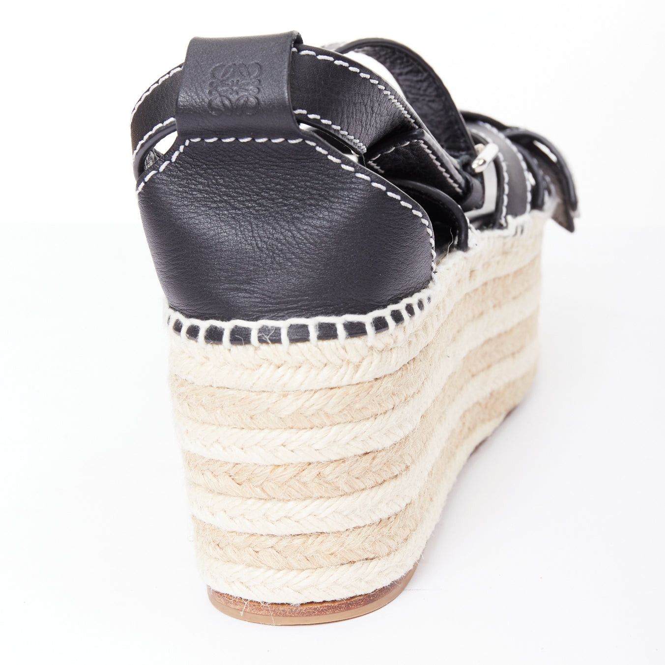 Loewe LOEWE Gate black overstitch calfskin striped espadrille platform wedged sandals EU40 Size US 10 / IT 40 - 9 Thumbnail