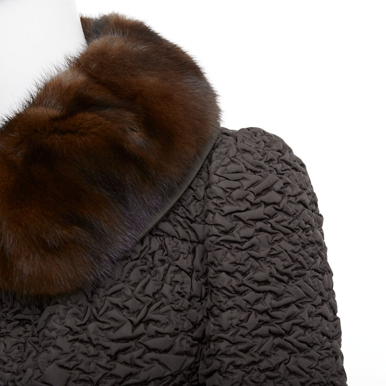 Prada PRADA 2010 brown mink fur collar crinkled quilted puff sleeve jacket IT40 S Size S / US 4 / IT 40 - 2 Thumbnail