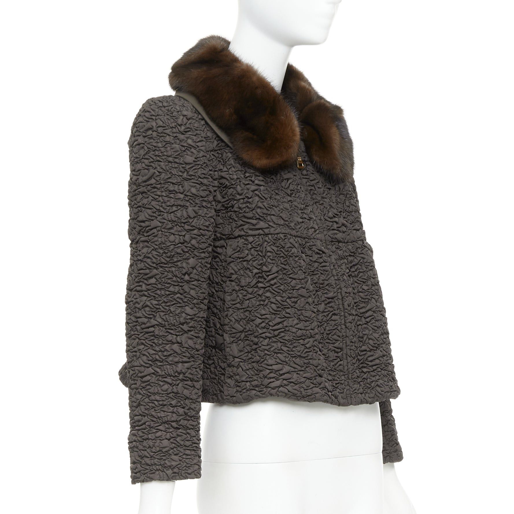 Prada PRADA 2010 brown mink fur collar crinkled quilted puff sleeve jacket IT40 S Size S / US 4 / IT 40 - 4 Thumbnail