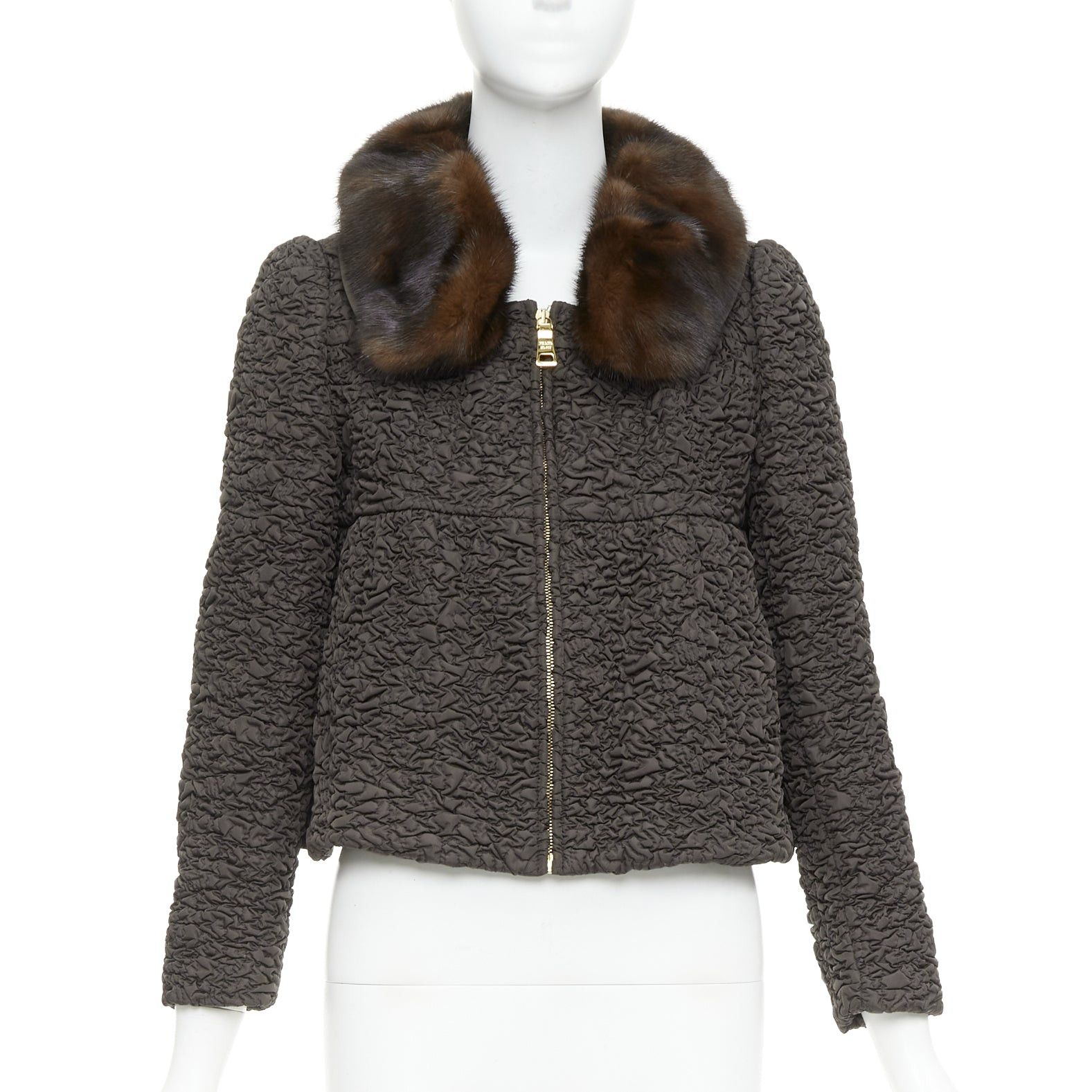 Prada PRADA 2010 brown mink fur collar crinkled quilted puff sleeve jacket IT40 S Size S / US 4 / IT 40 - 3 Thumbnail