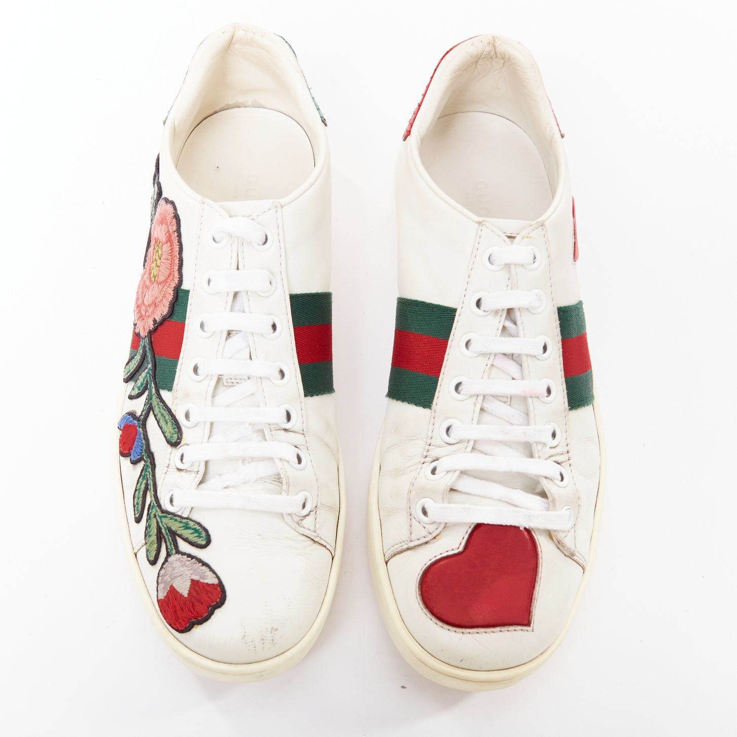 GUCCI Ace white leather pink floral embroidered patch sneakers EU37.5
