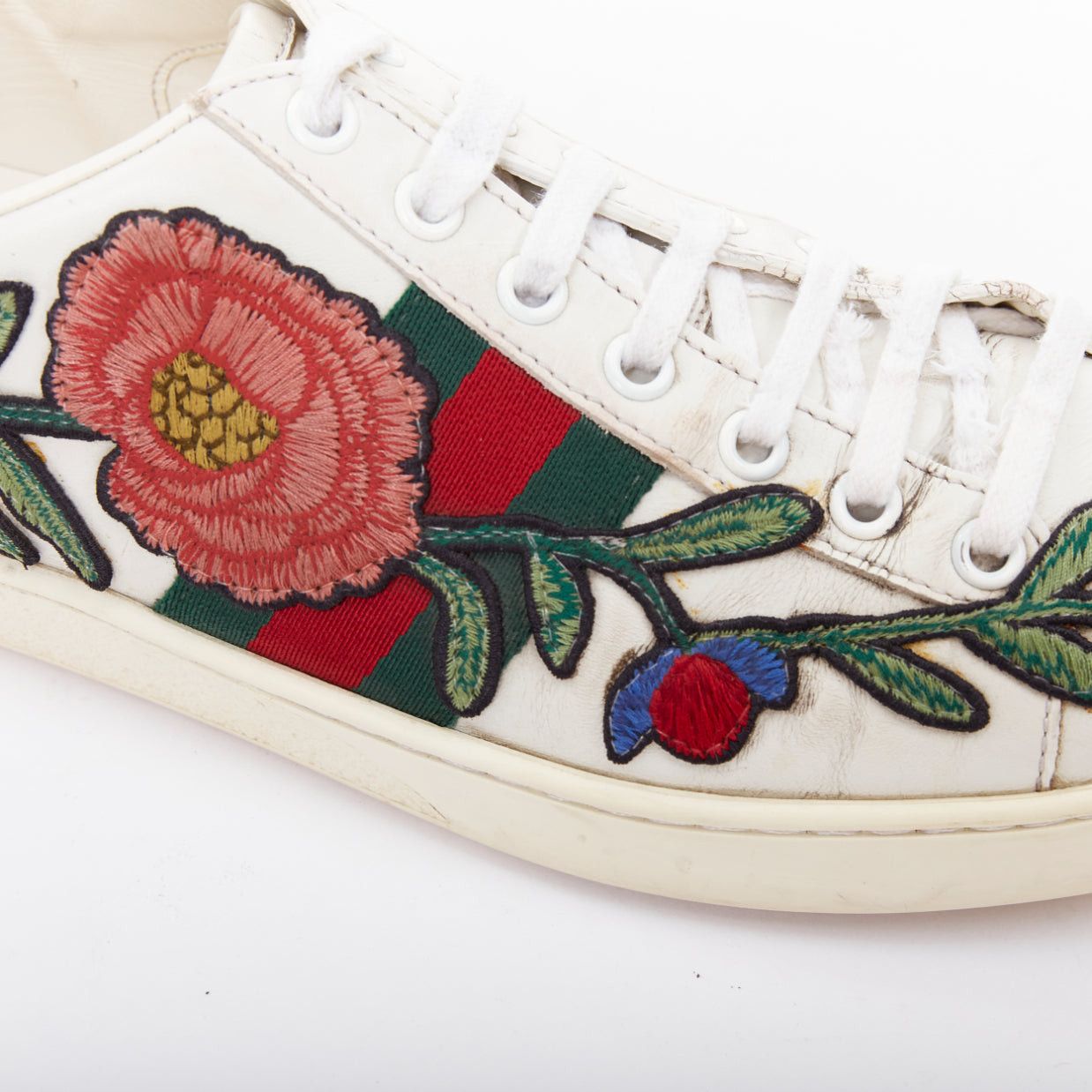GUCCI Ace white leather pink floral embroidered patch sneakers EU37.5
