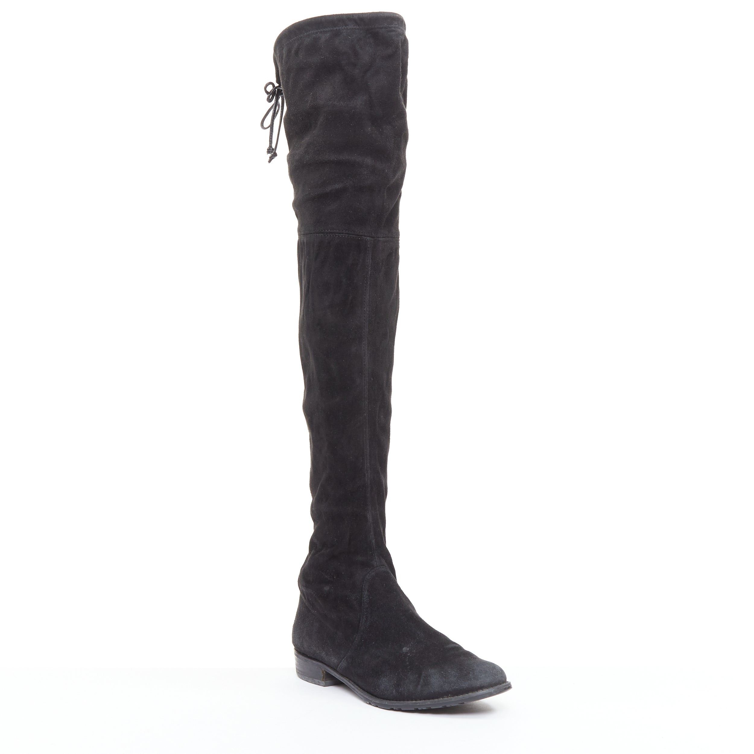 Stuart Weitzman STUART WEITZMAN Lowland black suede drawstring top over knee flat boots EU38 Size US 8 / IT 38 - 2 Thumbnail
