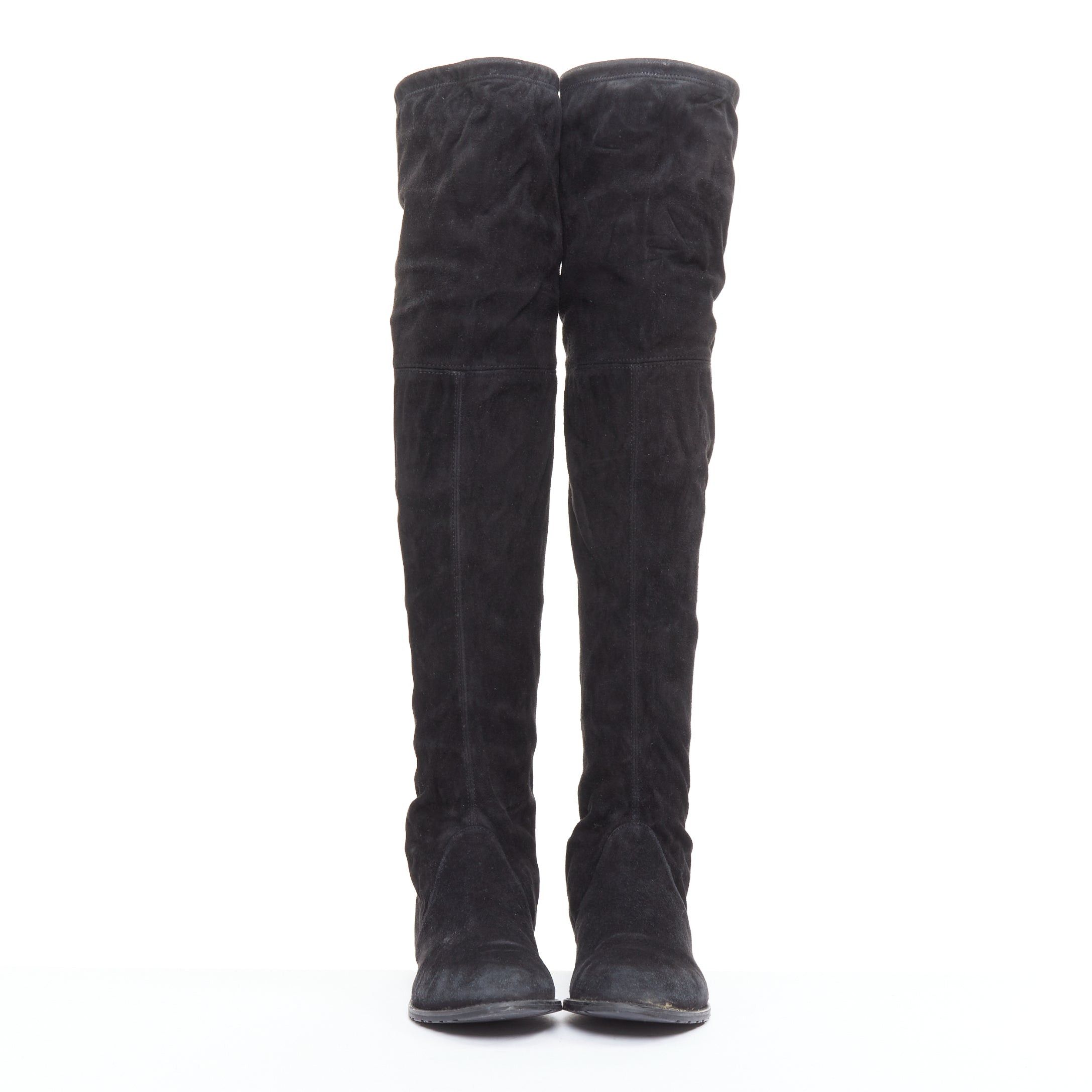 Stuart Weitzman STUART WEITZMAN Lowland black suede drawstring top over knee flat boots EU38 Size US 8 / IT 38 - 3 Thumbnail