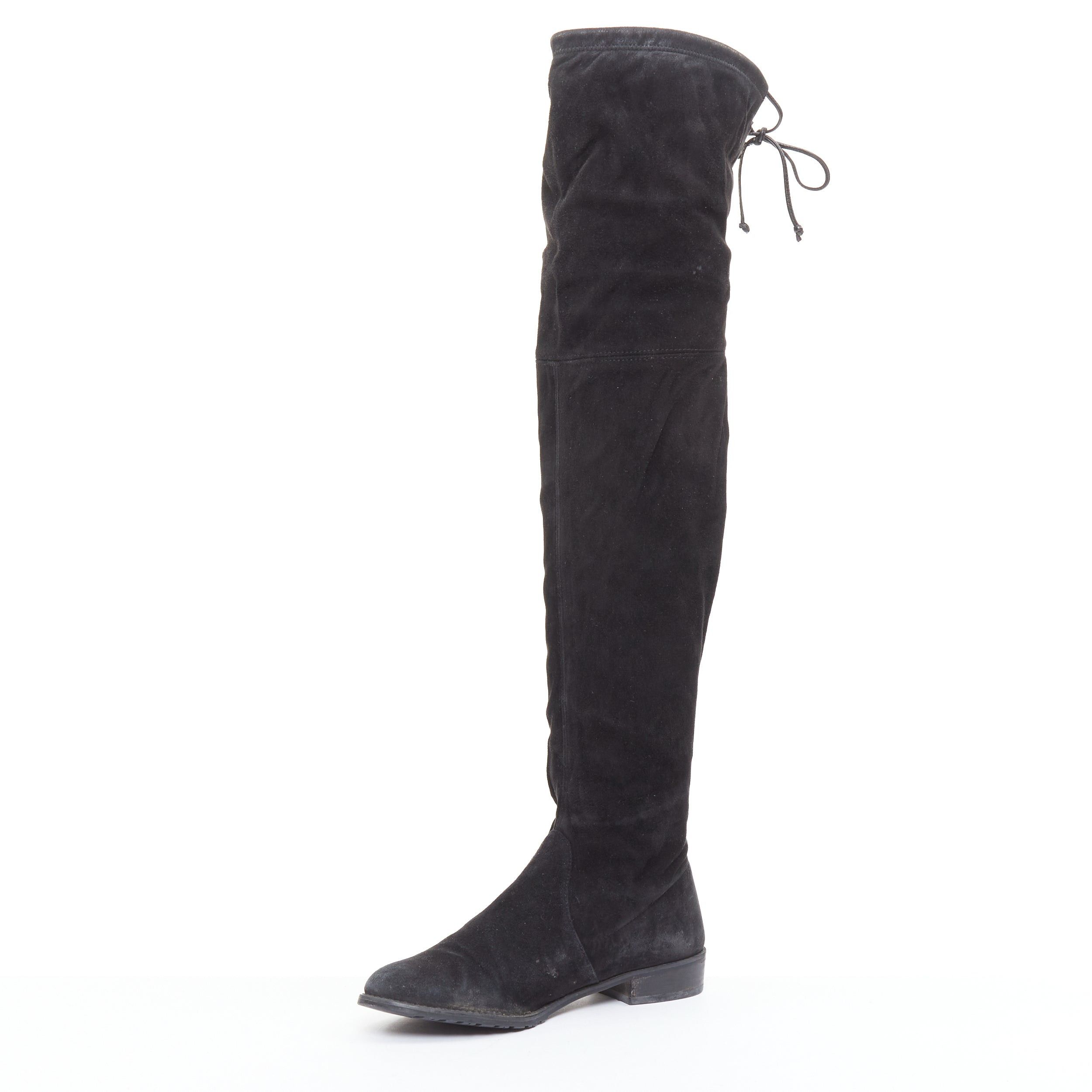 Stuart Weitzman STUART WEITZMAN Lowland black suede drawstring top over knee flat boots EU38 Size US 8 / IT 38 - 4 Thumbnail