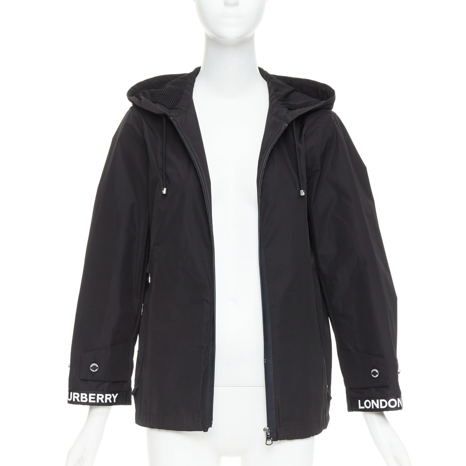 Burberry BURBERRY black nylon logo trim hooded windbreaker jacket IT34 XXS Size S / US 4 / IT 40 - 3 Thumbnail