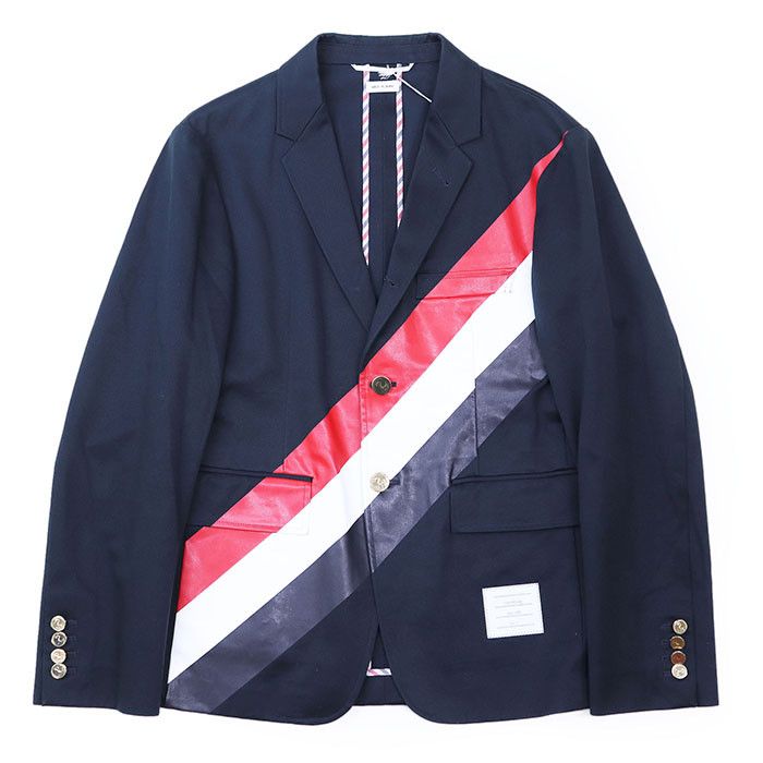 Thom Browne Thom Browne Thom Browne UNCONNSTRUCTED CLASSIC SB S-C W-PRINTED DIAGONAL STRIPE Heavy Cotton Twill Jacket Cotton Outerwear MJU437E-01804 DUTY FREE for USA Size ONE SIZE - 11 Thumbnail
