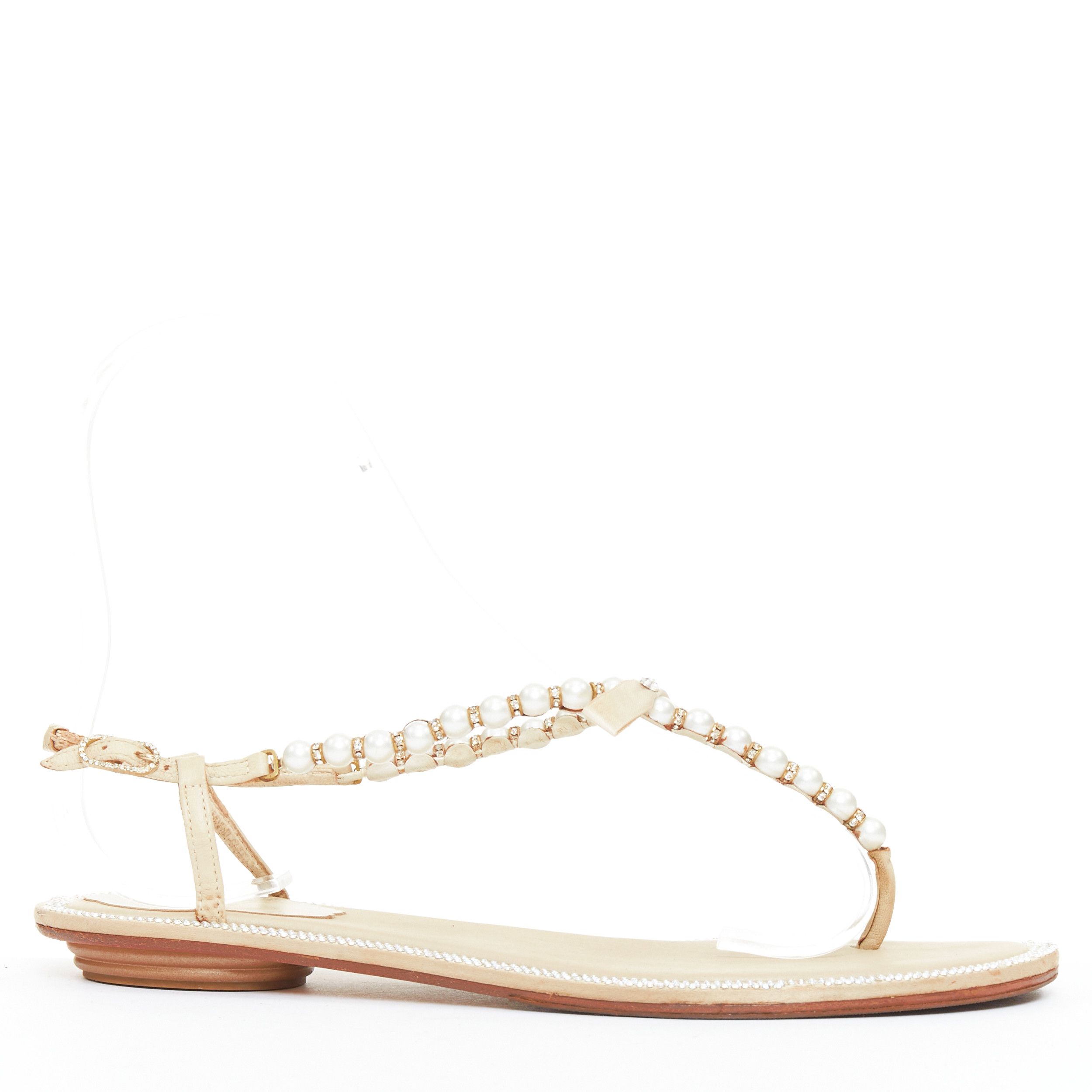 Rene Caovilla RENE CAOVILLA cream bow faux pearl tstrap strass trim flat sandals EU36 Size US 6 / IT 36 - 2 Thumbnail