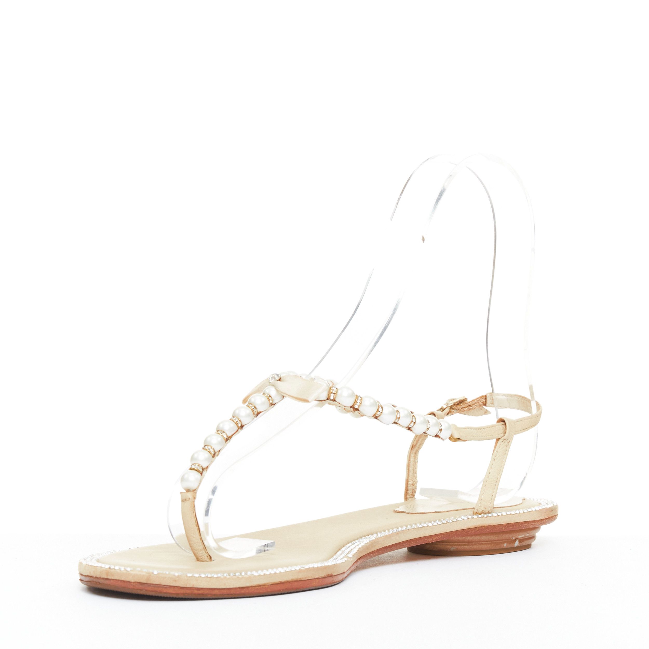 Rene Caovilla RENE CAOVILLA cream bow faux pearl tstrap strass trim flat sandals EU36 Size US 6 / IT 36 - 4 Thumbnail