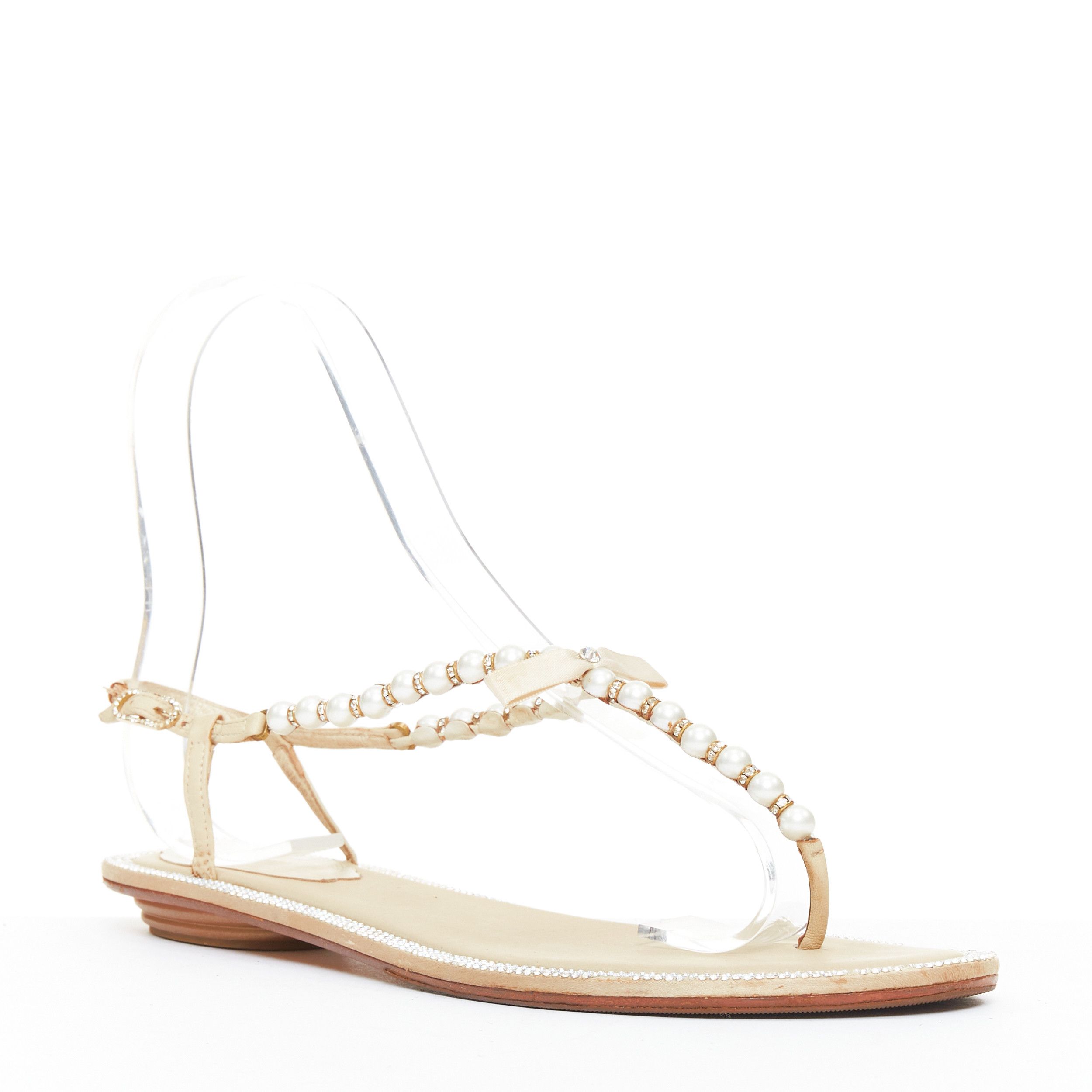 Rene Caovilla RENE CAOVILLA cream bow faux pearl tstrap strass trim flat sandals EU36 Size US 6 / IT 36 - 3 Thumbnail