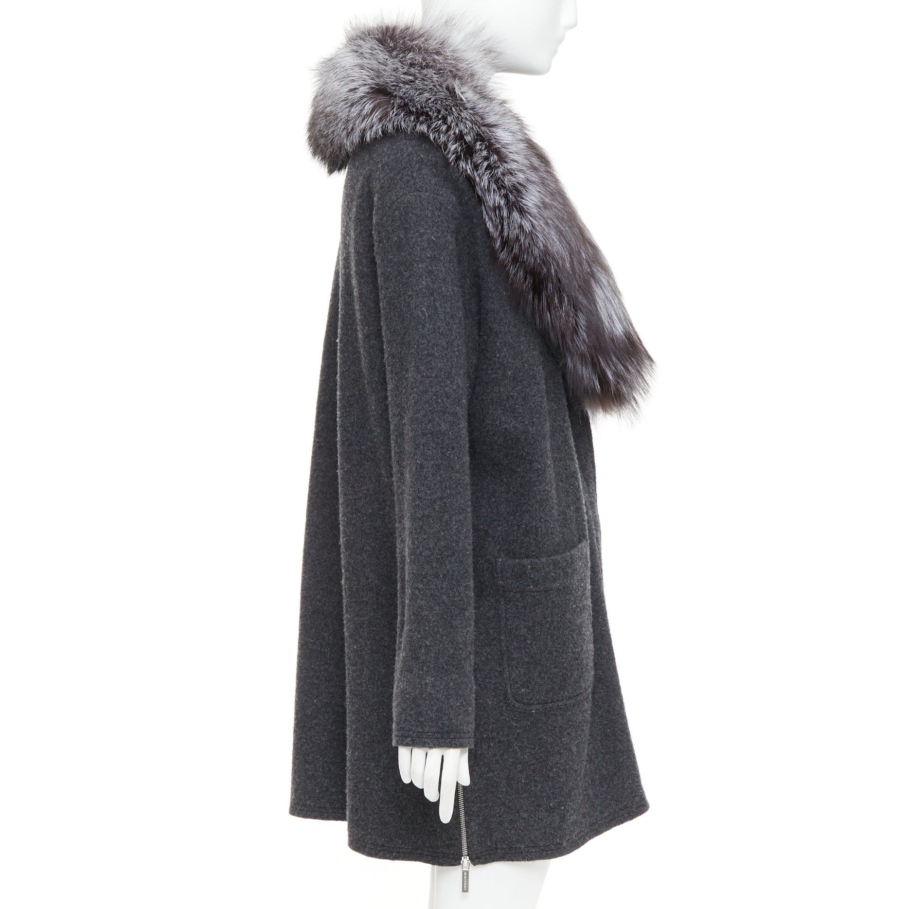 Michael Kors MICHAEL KORS COLLECTION grey fur collar dark grey wool side zip coat Size L / US 10 / IT 46 - 5 Thumbnail