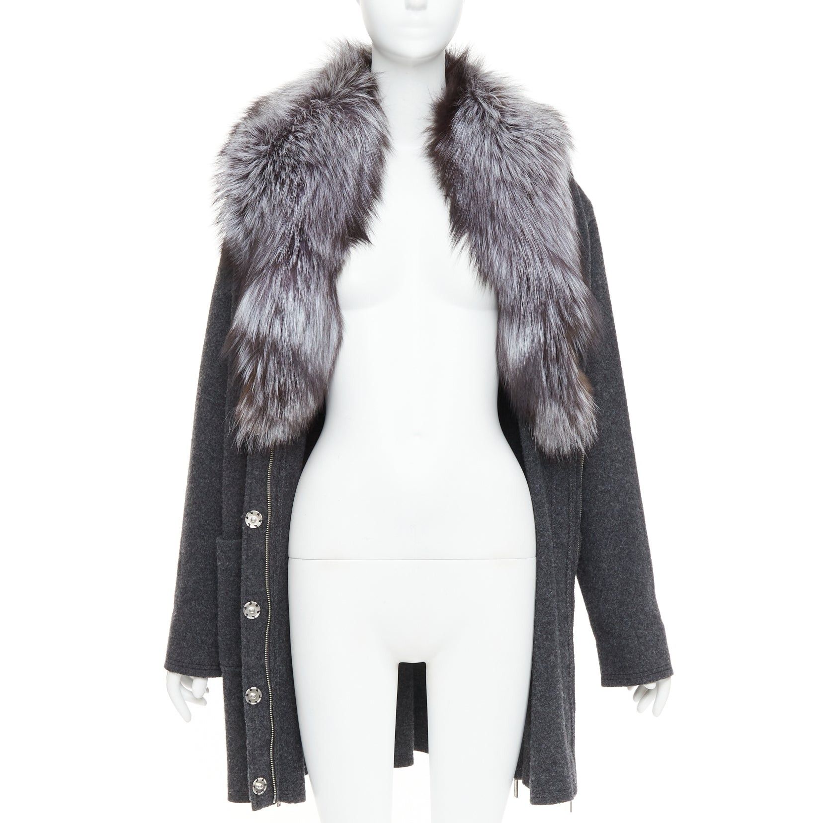 Michael Kors MICHAEL KORS COLLECTION grey fur collar dark grey wool side zip coat Size L / US 10 / IT 46 - 3 Thumbnail