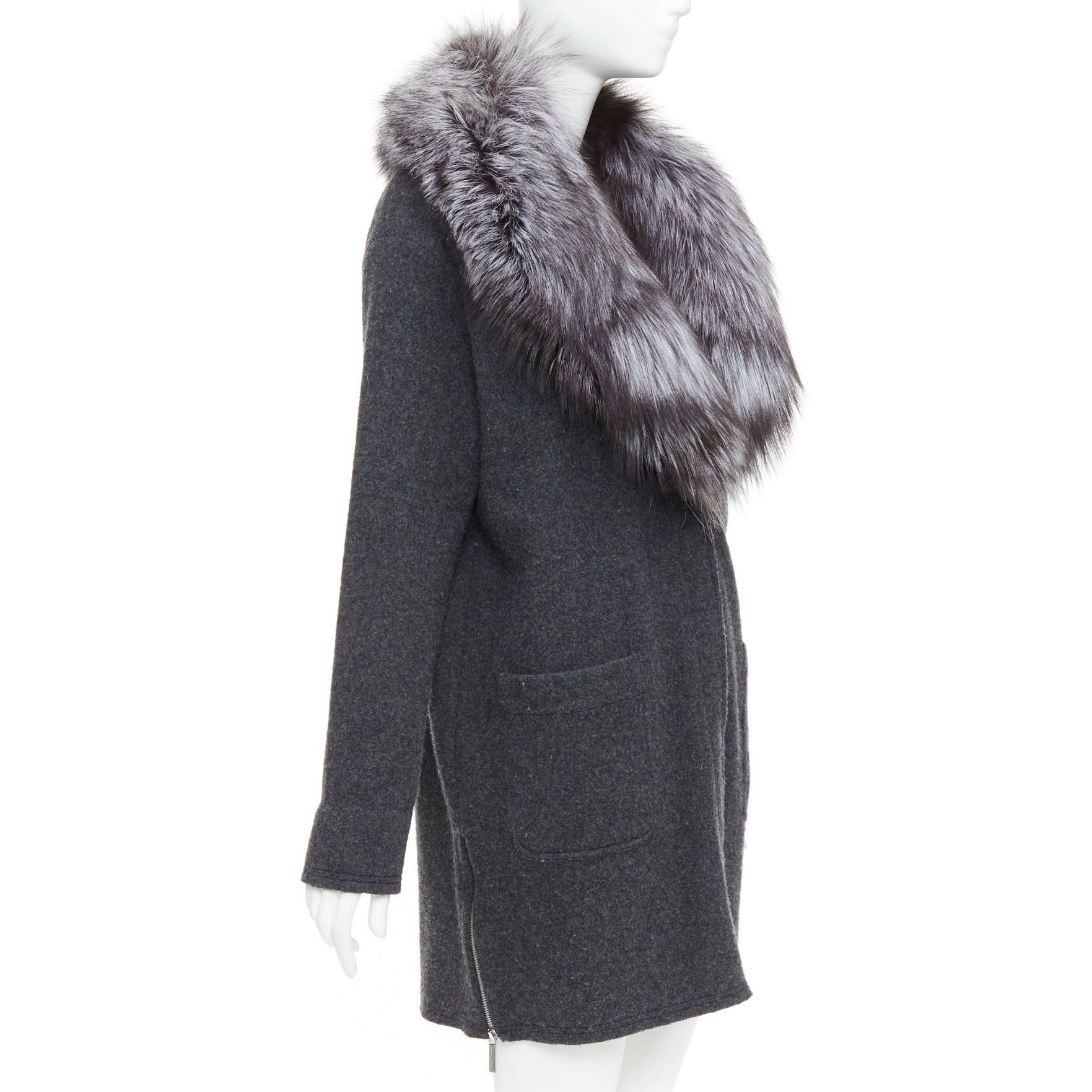 Michael Kors MICHAEL KORS COLLECTION grey fur collar dark grey wool side zip coat Size L / US 10 / IT 46 - 4 Thumbnail