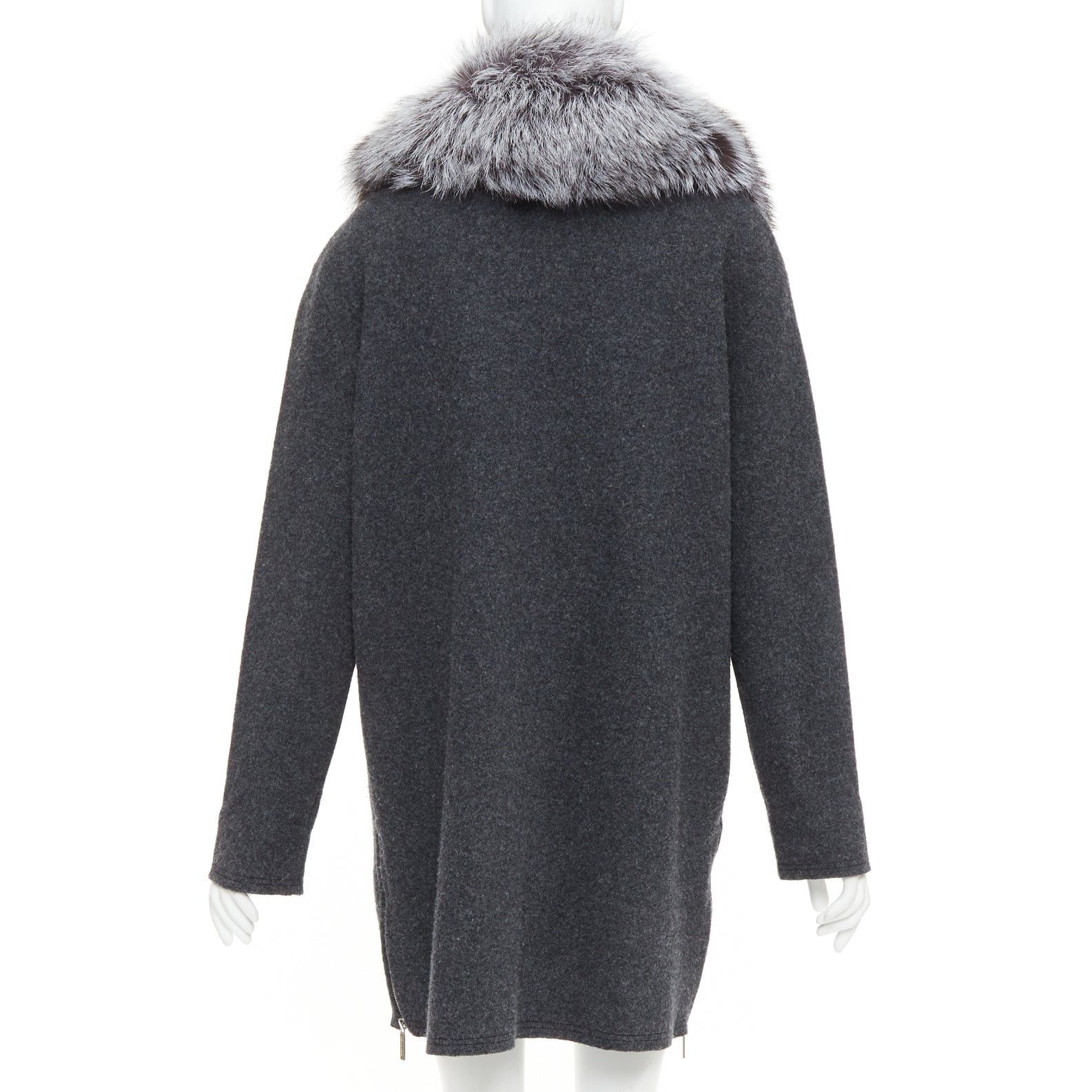 Michael Kors MICHAEL KORS COLLECTION grey fur collar dark grey wool side zip coat Size L / US 10 / IT 46 - 6 Thumbnail