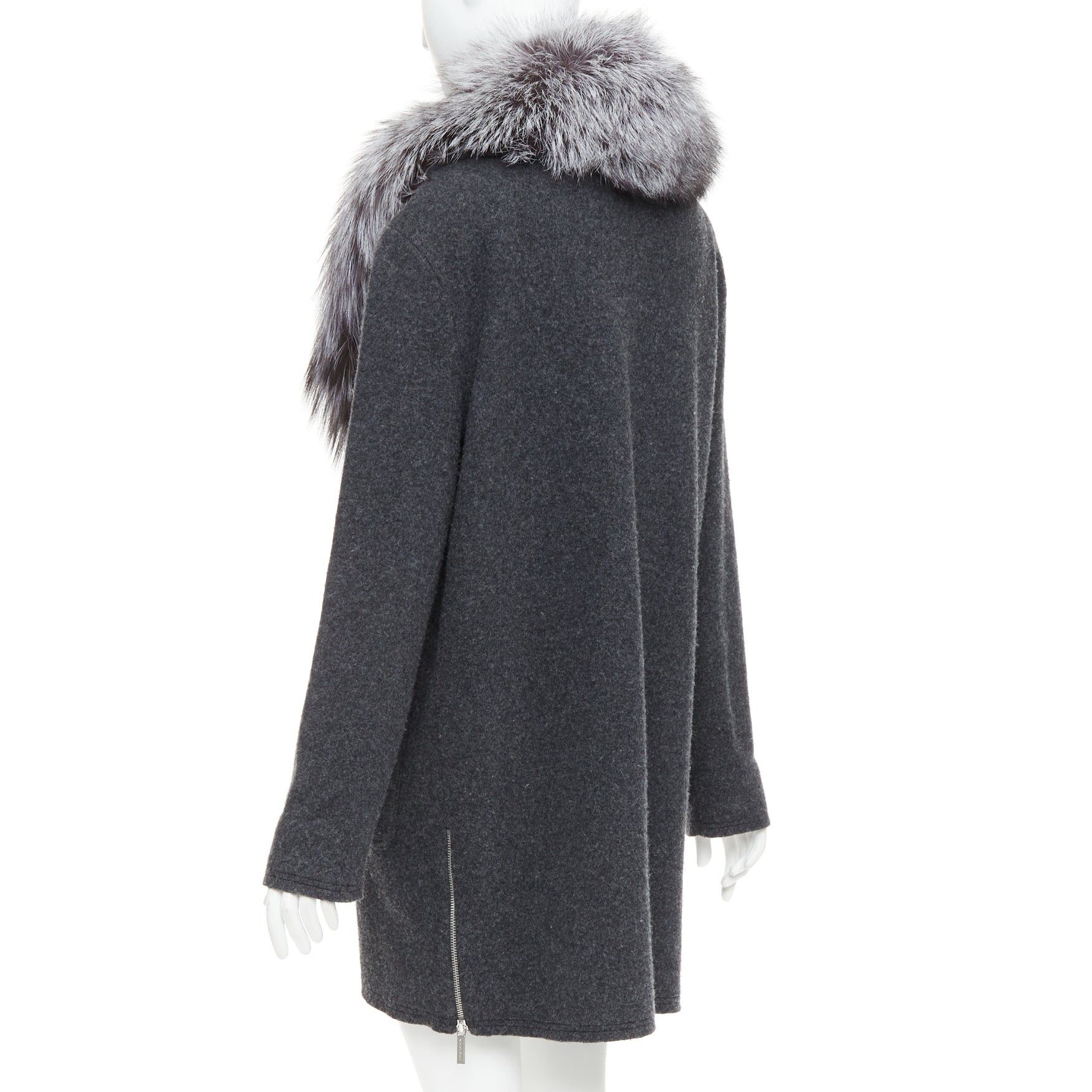 Michael Kors MICHAEL KORS COLLECTION grey fur collar dark grey wool side zip coat Size L / US 10 / IT 46 - 7 Thumbnail