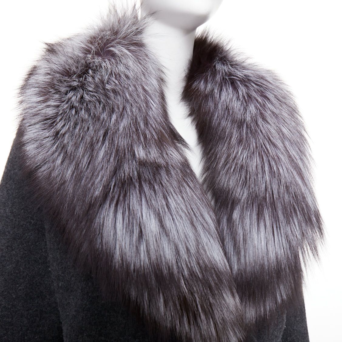 Michael Kors MICHAEL KORS COLLECTION grey fur collar dark grey wool side zip coat Size L / US 10 / IT 46 - 8 Thumbnail