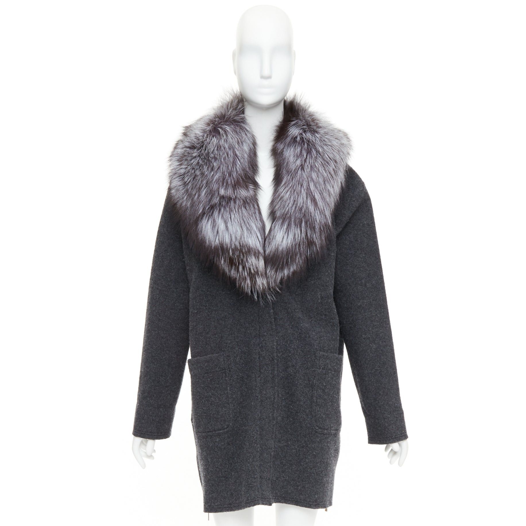 Michael Kors MICHAEL KORS COLLECTION grey fur collar dark grey wool side zip coat Size L / US 10 / IT 46 - 9 Thumbnail