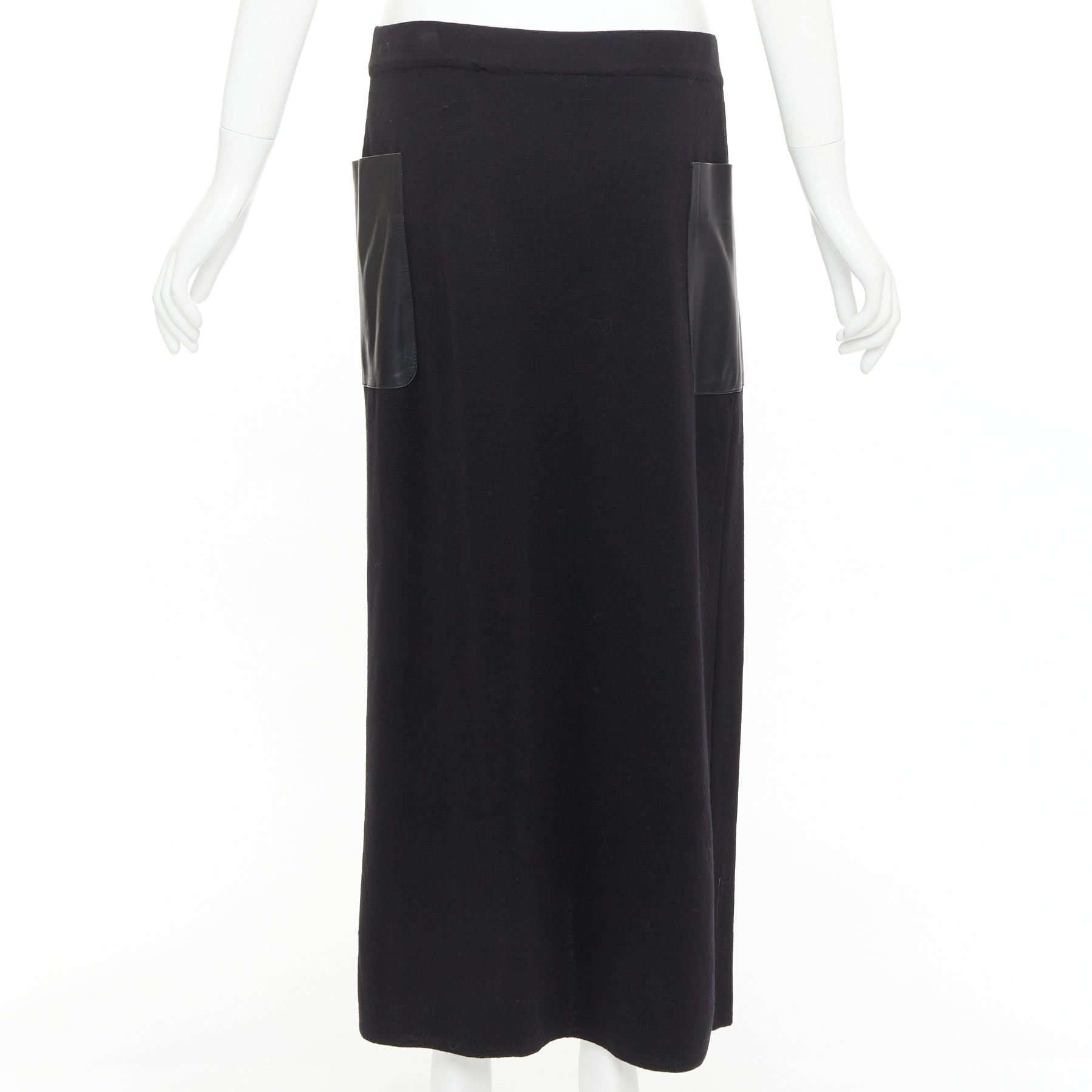 Max Mara MAX MARA black leather patch pocket drape front mid waist midi skirt Size 35" - 6 Thumbnail