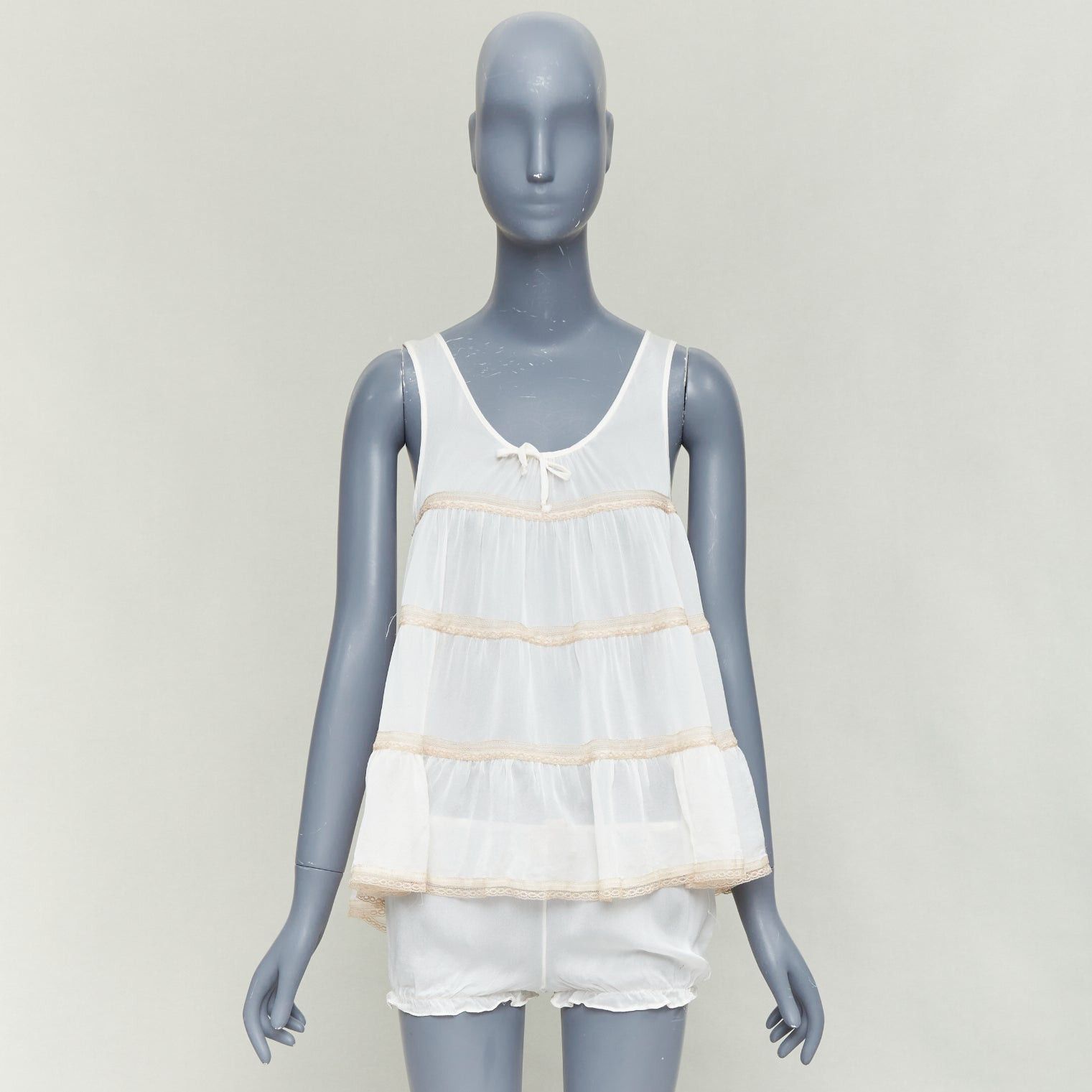 KIKI DE MONTPARNASSE KIKI DE MONTPARNASSE 100% silk cream babydoll bow front tiered bloomer nightwear set M Size M / US 6-8 / IT 42-44 - 11 Thumbnail