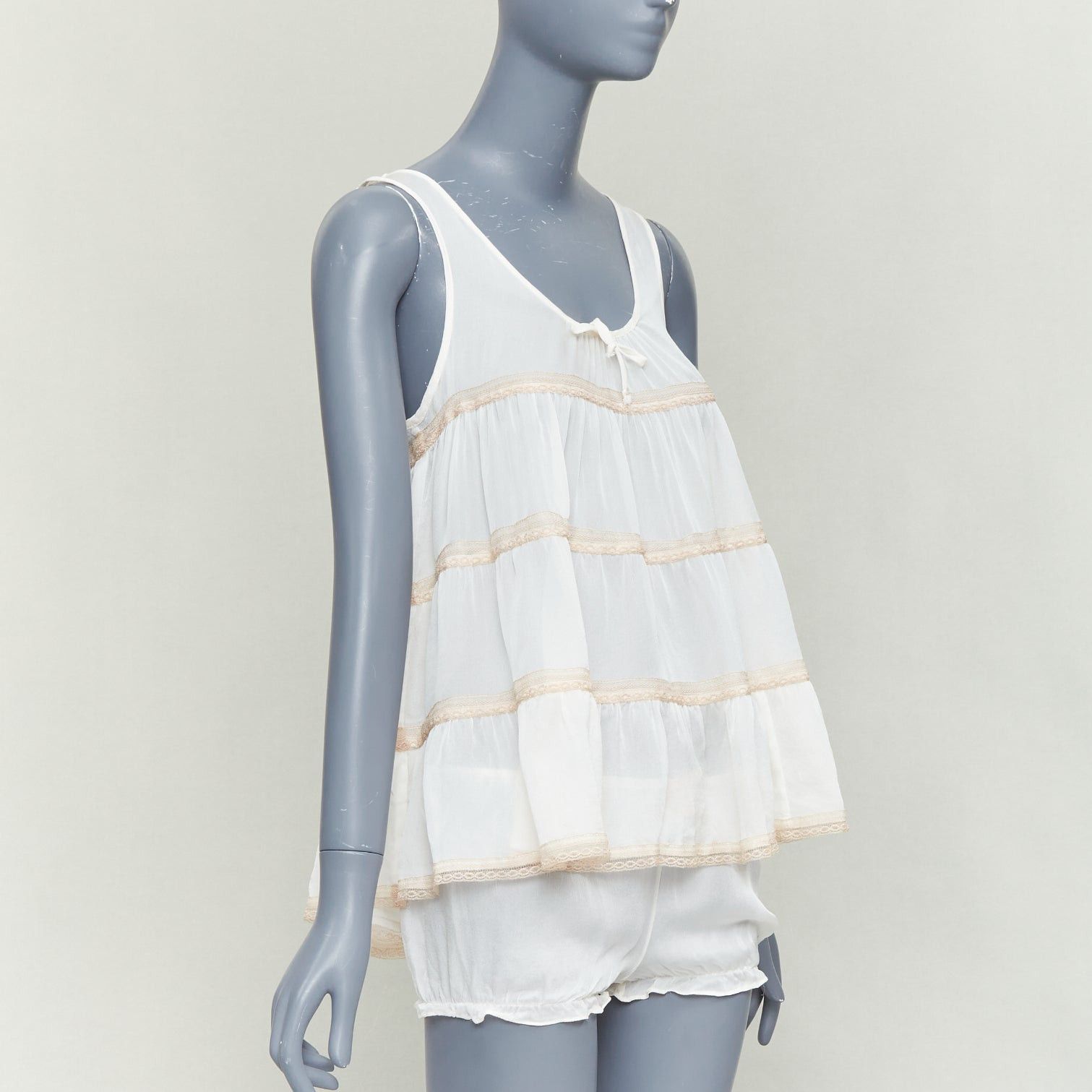 KIKI DE MONTPARNASSE KIKI DE MONTPARNASSE 100% silk cream babydoll bow front tiered bloomer nightwear set M Size M / US 6-8 / IT 42-44 - 3 Thumbnail