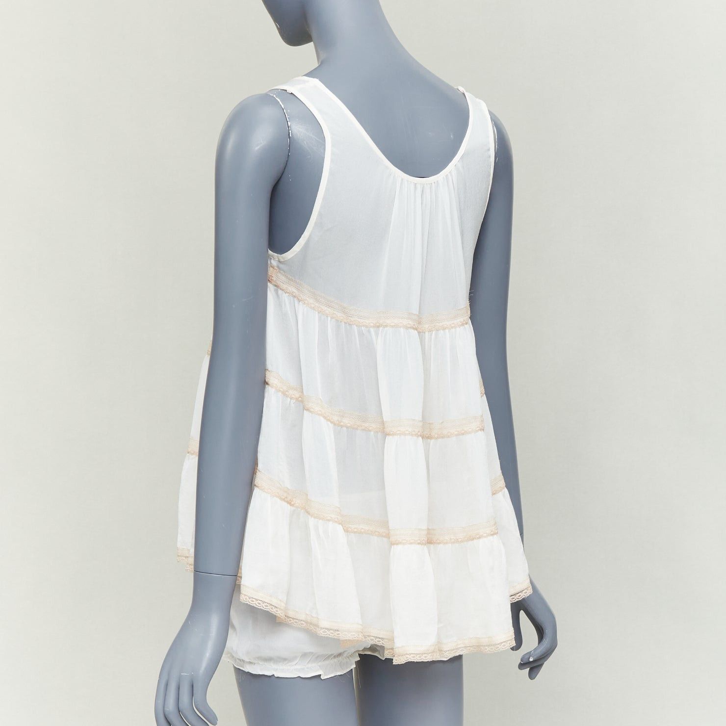 KIKI DE MONTPARNASSE KIKI DE MONTPARNASSE 100% silk cream babydoll bow front tiered bloomer nightwear set M Size M / US 6-8 / IT 42-44 - 5 Thumbnail