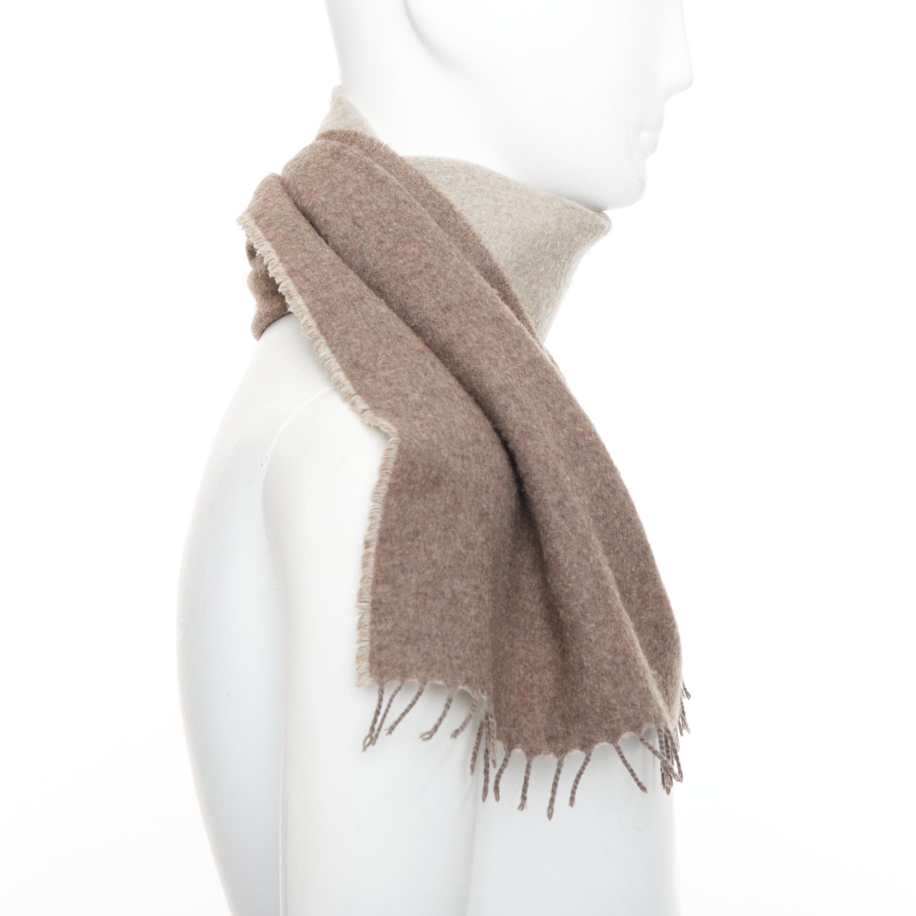 Hermes HERMES taupe brown cashmere wool reversible fringed long scarf Size ONE SIZE - 4 Thumbnail