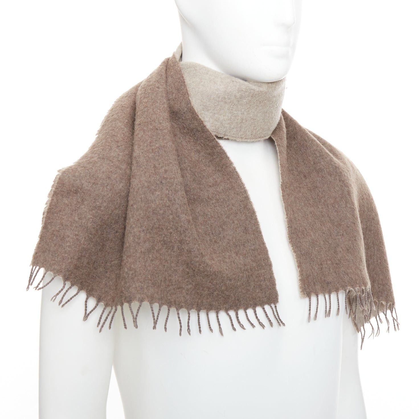 Hermes HERMES taupe brown cashmere wool reversible fringed long scarf Size ONE SIZE - 3 Thumbnail
