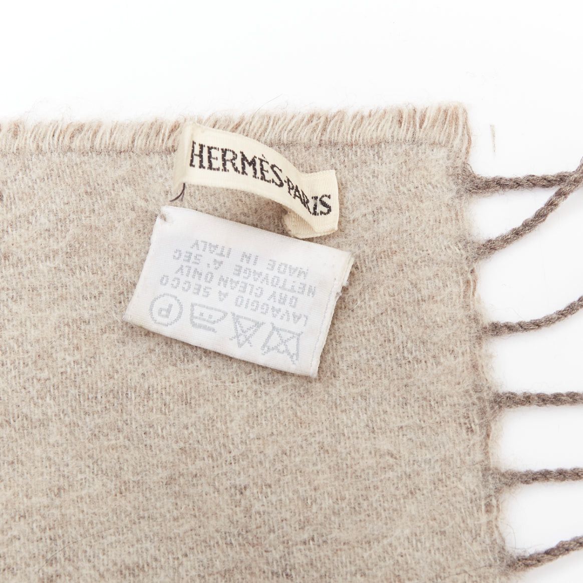 Hermes HERMES taupe brown cashmere wool reversible fringed long scarf Size ONE SIZE - 8 Thumbnail