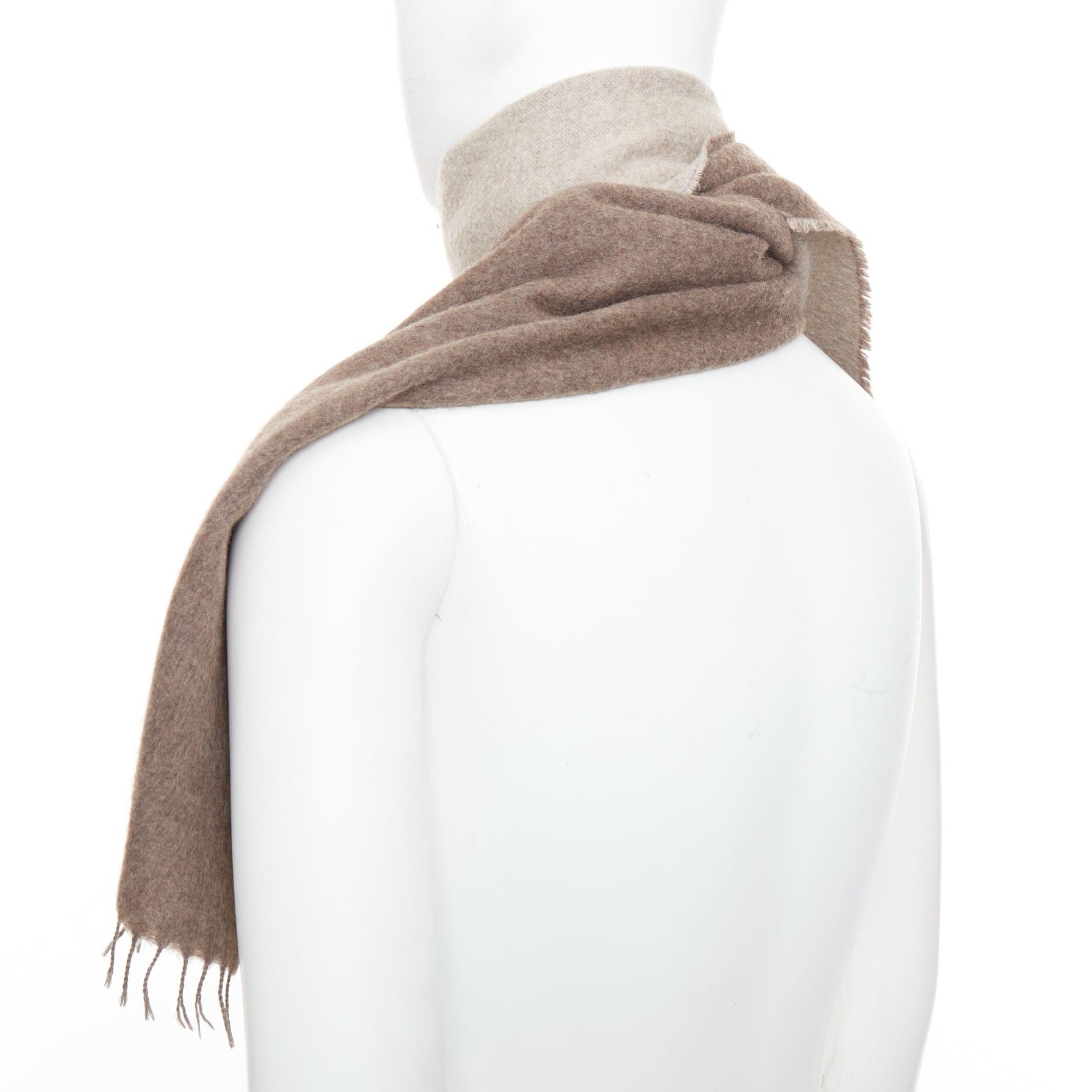 Hermes HERMES taupe brown cashmere wool reversible fringed long scarf Size ONE SIZE - 6 Thumbnail