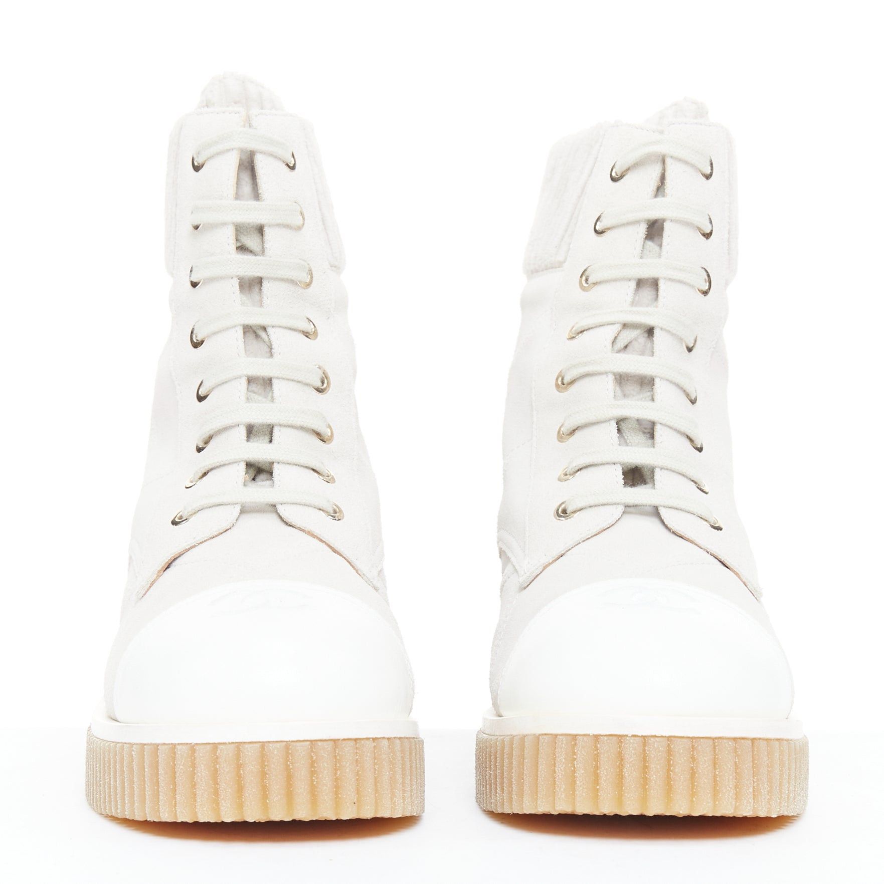 Chanel CHANEL 2020 white CC grey suede calfskin quilted combat boots EU38 Size US 8 / IT 38 - 4 Thumbnail