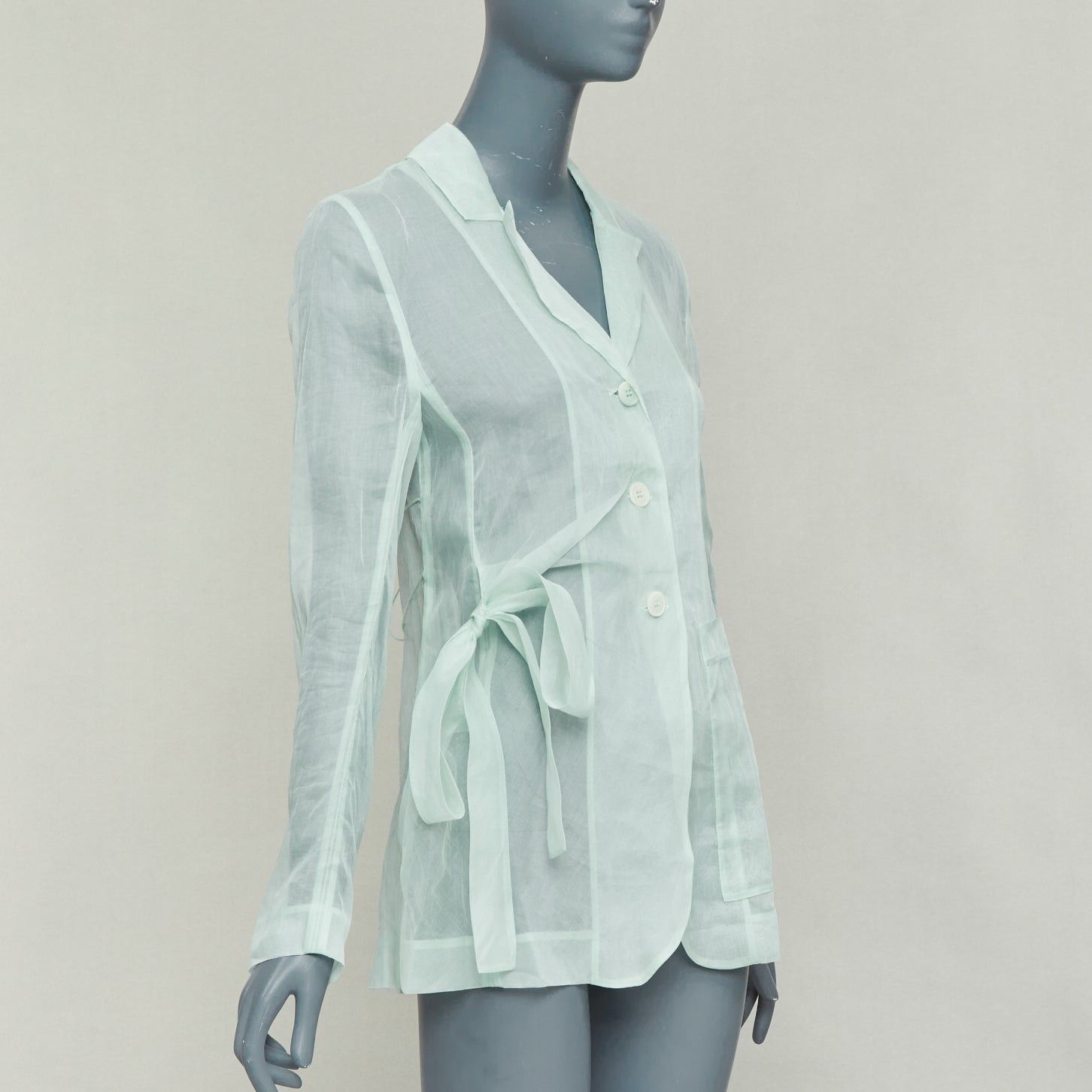 Cecilie Bahnsen CECILIE BAHNSEN Fisola mint green cotton sheer bow tie waist blazer UK8 S Size S / US 4 / IT 40 - 4 Thumbnail