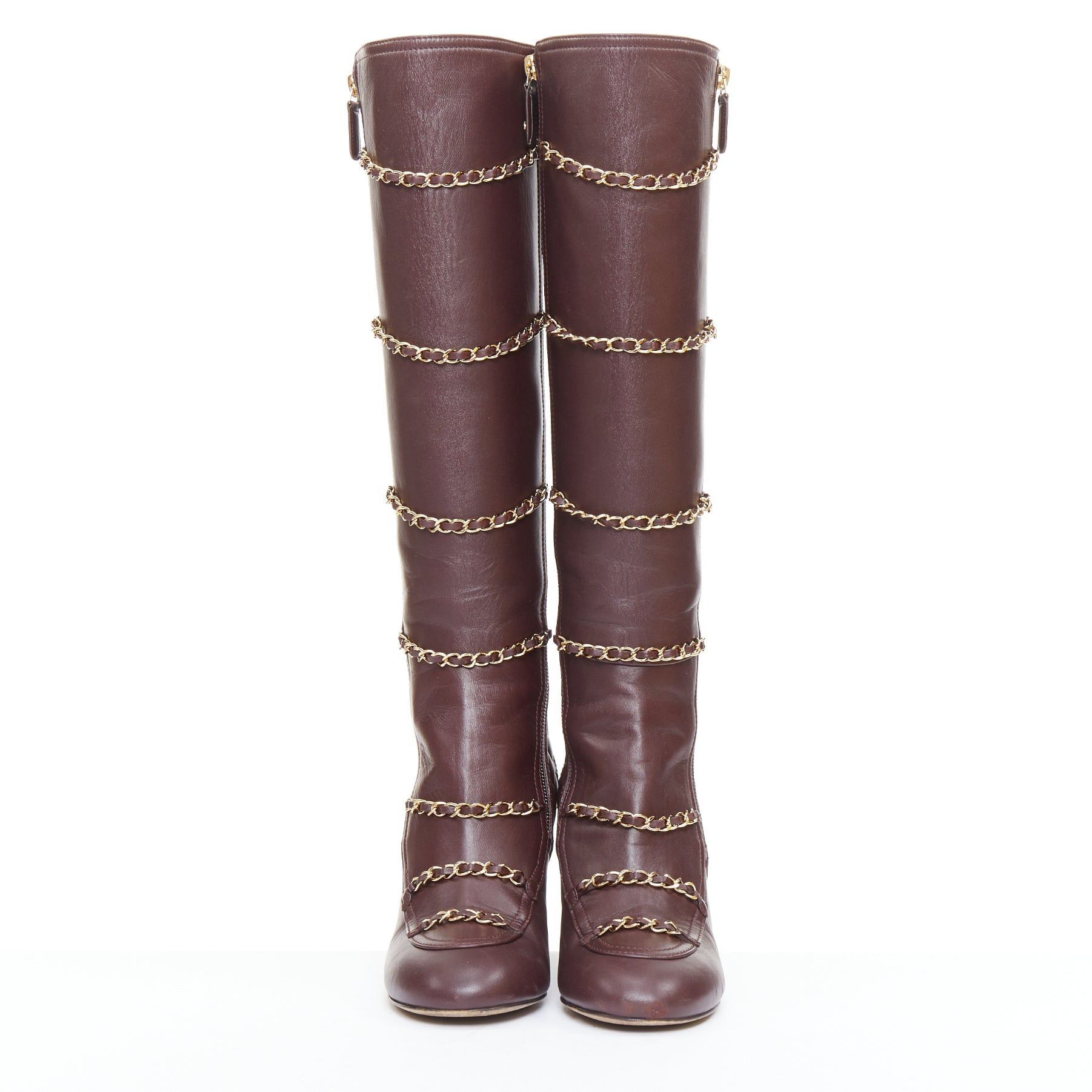 Chanel CHANEL 2017 Karl Lagerfeld burgundy lambskin leather gold chain diamond quilted boots EU36.5 Size US 6.5 / IT 36.5 - 3 Thumbnail
