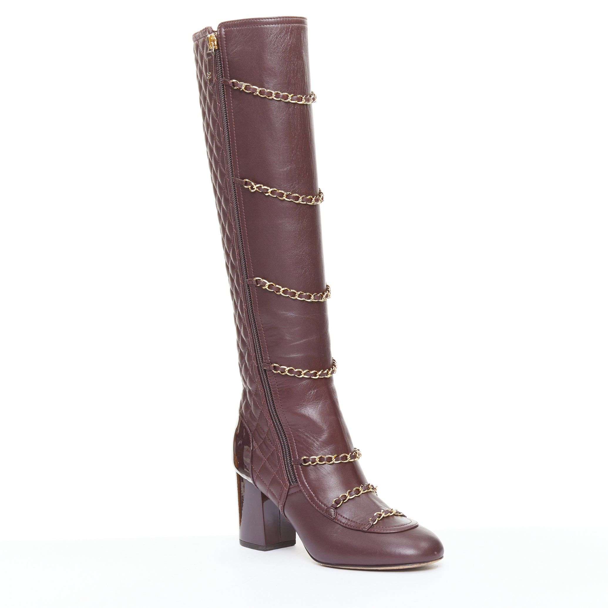 Chanel CHANEL 2017 Karl Lagerfeld burgundy lambskin leather gold chain diamond quilted boots EU36.5 Size US 6.5 / IT 36.5 - 2 Thumbnail