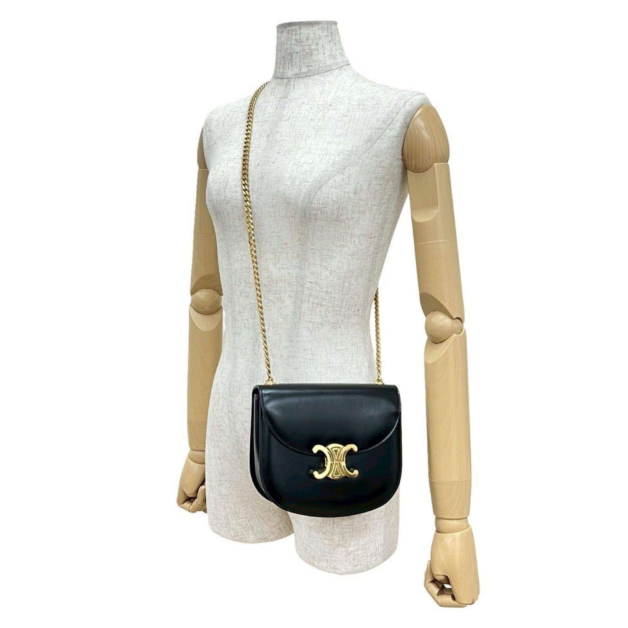 Celine CELINE Teen Chain Besas Triomphe Logo Calf Leather Shoulder Bag Pochette Black 30423 Size ONE SIZE - 2 Thumbnail