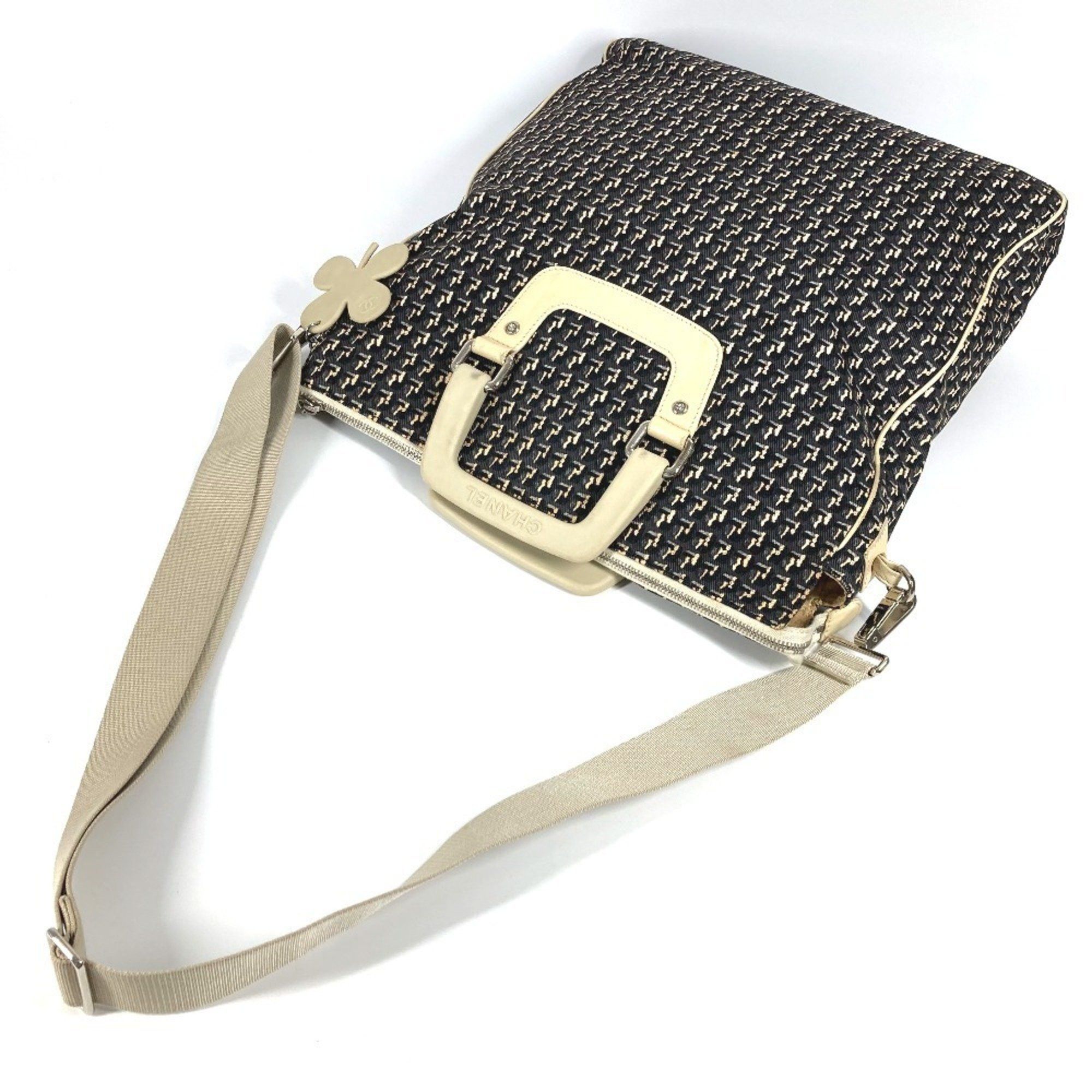 CHANEL Clover Logo 2-Way Handbag/Vertical Tote/Shoulder Bag in Leather/Canvas, Black