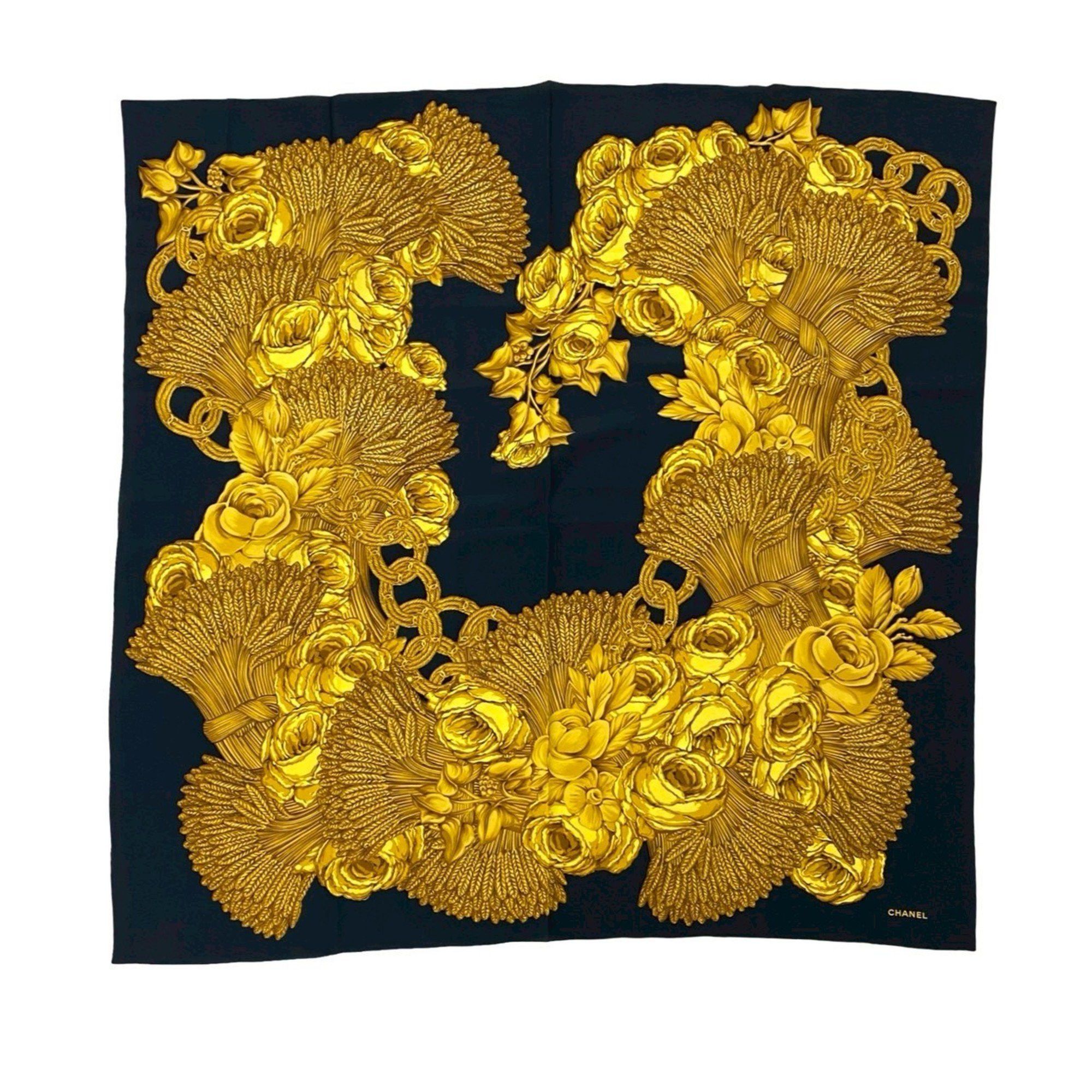 Chanel CHANEL Tassel Floral Print Coco Mark Silk Scarf Muffler for Women, Black and Gold, 16768 Size ONE SIZE - 2 Thumbnail