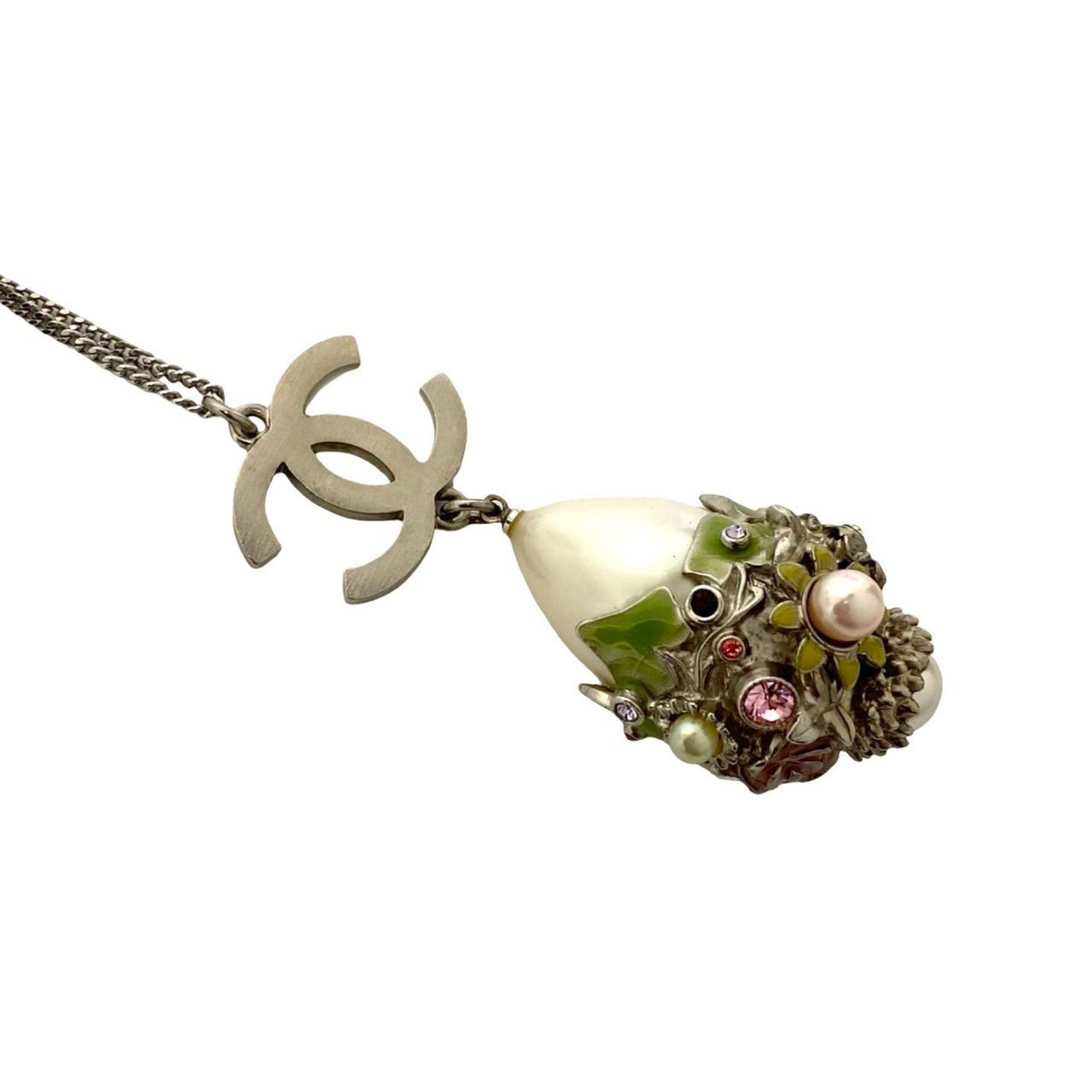 Chanel CHANEL Coco Mark Metal Faux Pearl Chain Necklace Pendant in Silver 23071 Size ONE SIZE - 3 Thumbnail