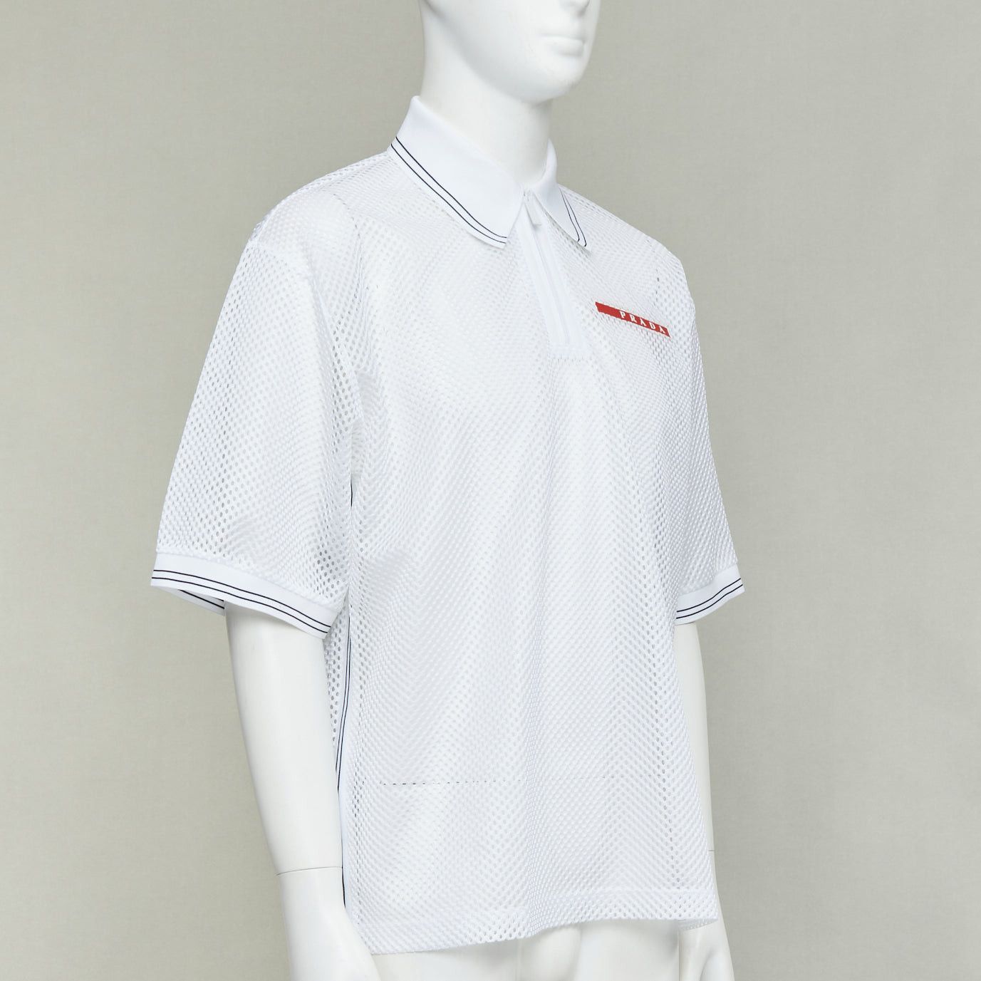 Prada PRADA 2020 white sport mesh red logo half zip boxy polo shirt L Size L / US 10 / IT 46 - 3 Thumbnail