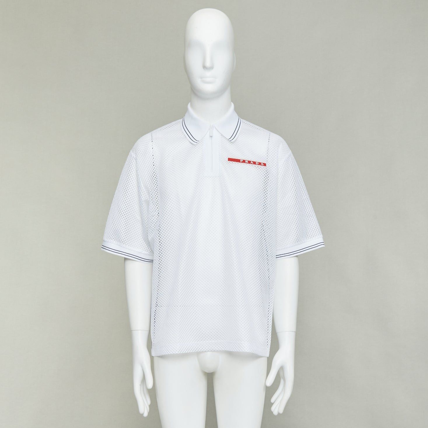 Prada PRADA 2020 white sport mesh red logo half zip boxy polo shirt L Size L / US 10 / IT 46 - 9 Thumbnail