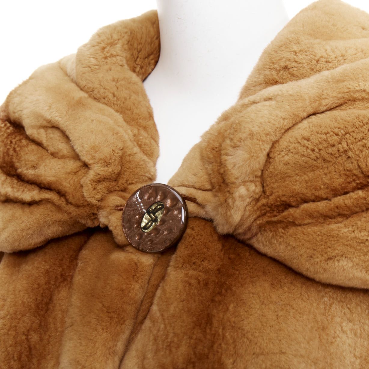 Other NO BRAND tan brown fur rounded shawl collar statement button long coat Size XL / US 12-14 / IT 48-50 - 2 Thumbnail