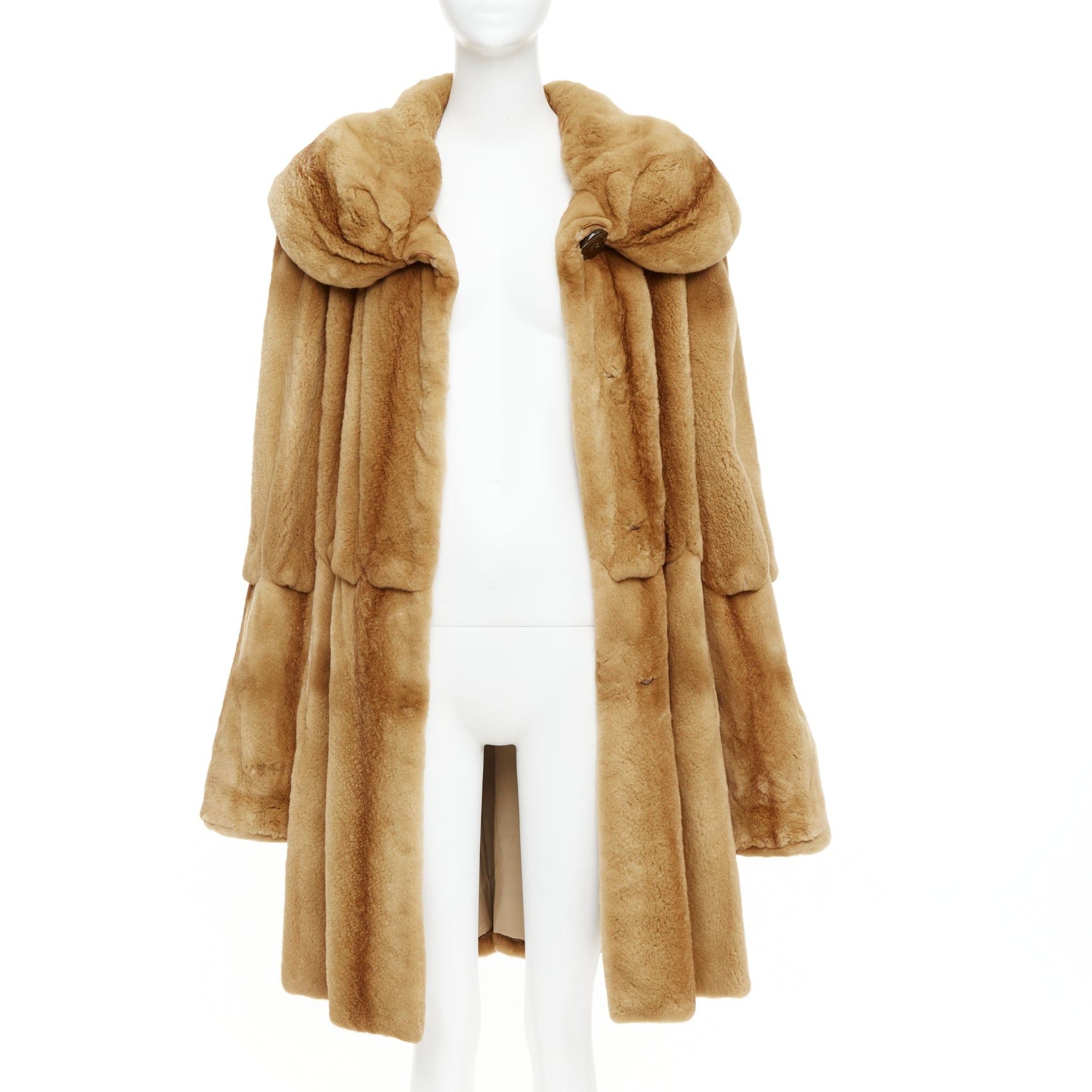 Other NO BRAND tan brown fur rounded shawl collar statement button long coat Size XL / US 12-14 / IT 48-50 - 3 Thumbnail